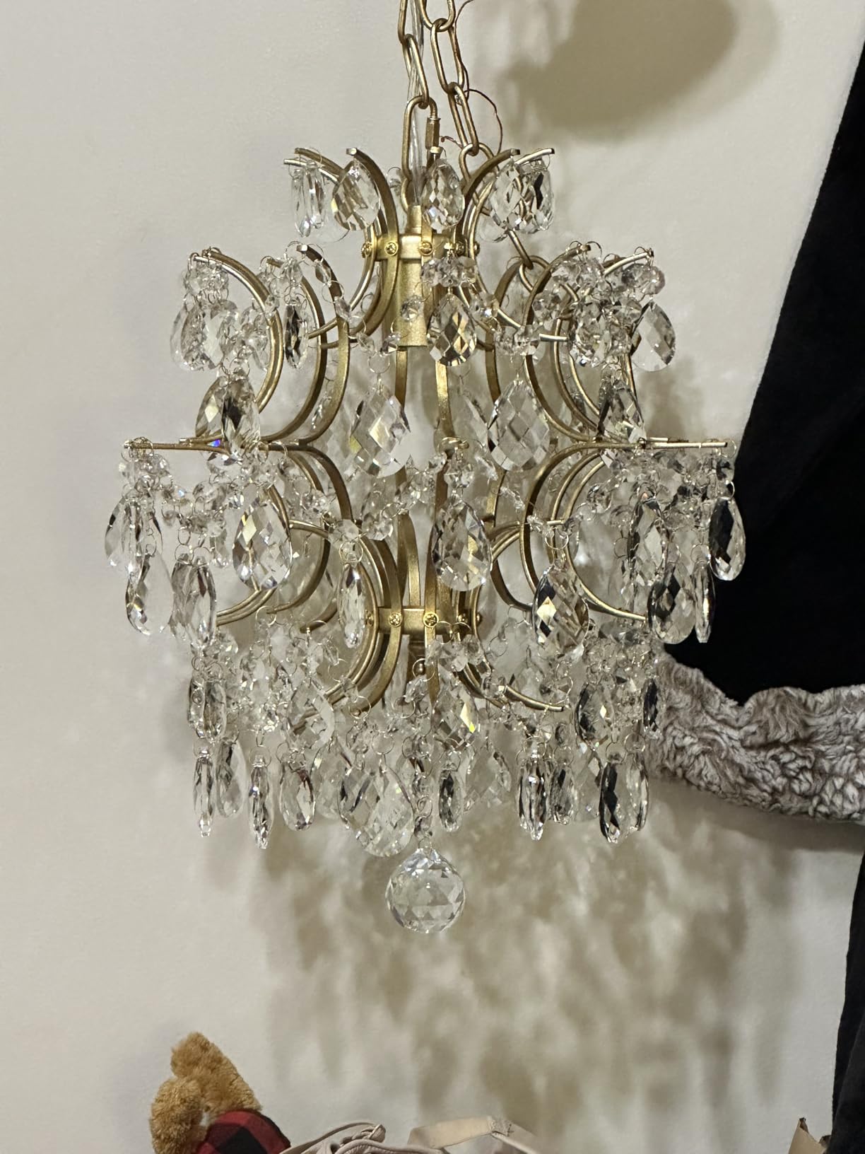 Bestier Modern Gold Pendant Chandelier Crystal Raindrop Lighting Ceiling Light Fixture Lamp for Dining Room Bathroom Bedroom Livingroom entryway 3 E12 Bulbs Required D16 in x H18 in customer photo 2