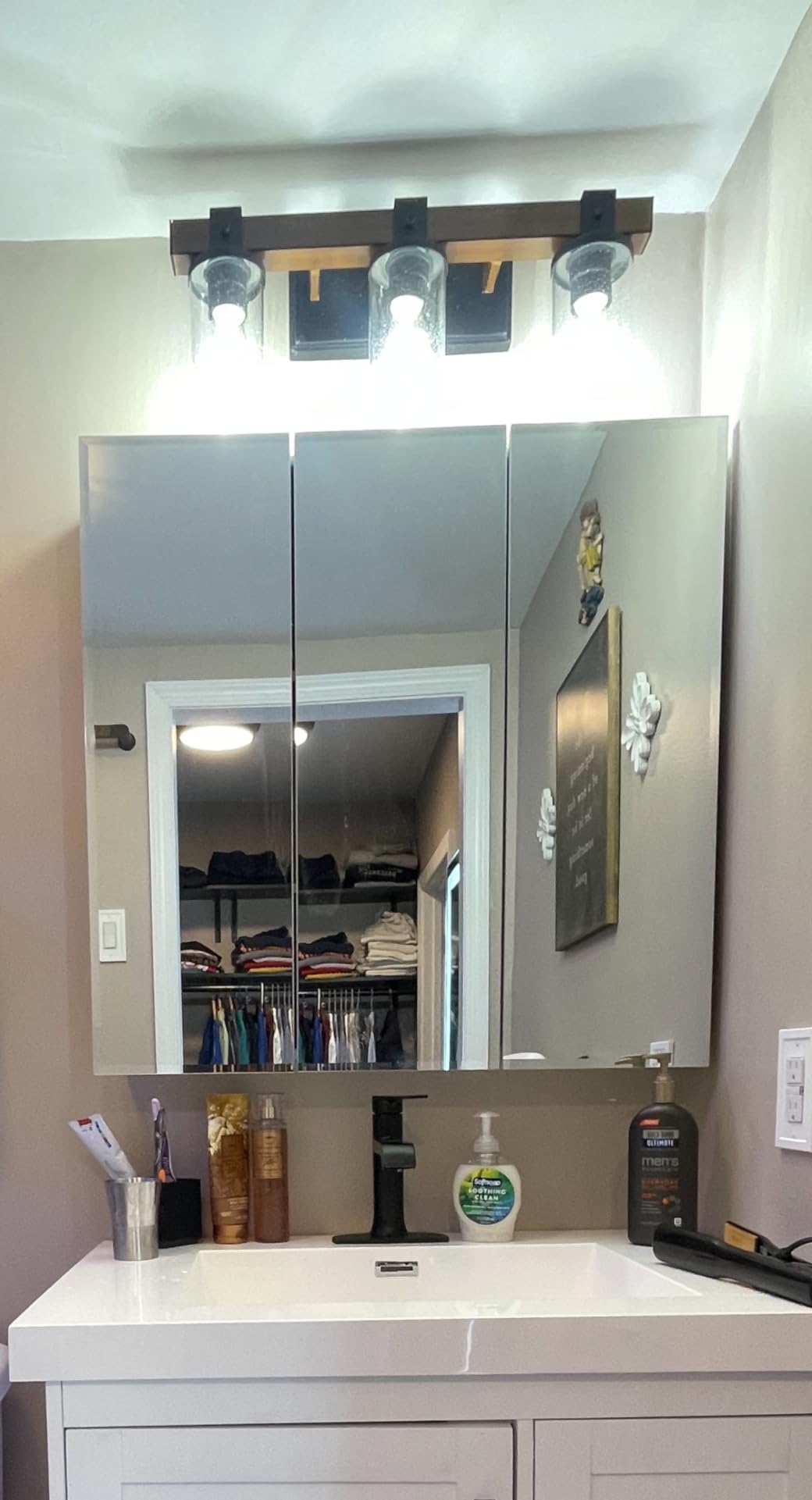 Design House Cyprus Bathroom Medicine Cabinet with Mirror, 25 Inch Recessed or Surface Mount Cabinet, 3 Frameless Mirrored Doors, 2 Shelves, White, Pre-Assembled, 597484 customer photo 1