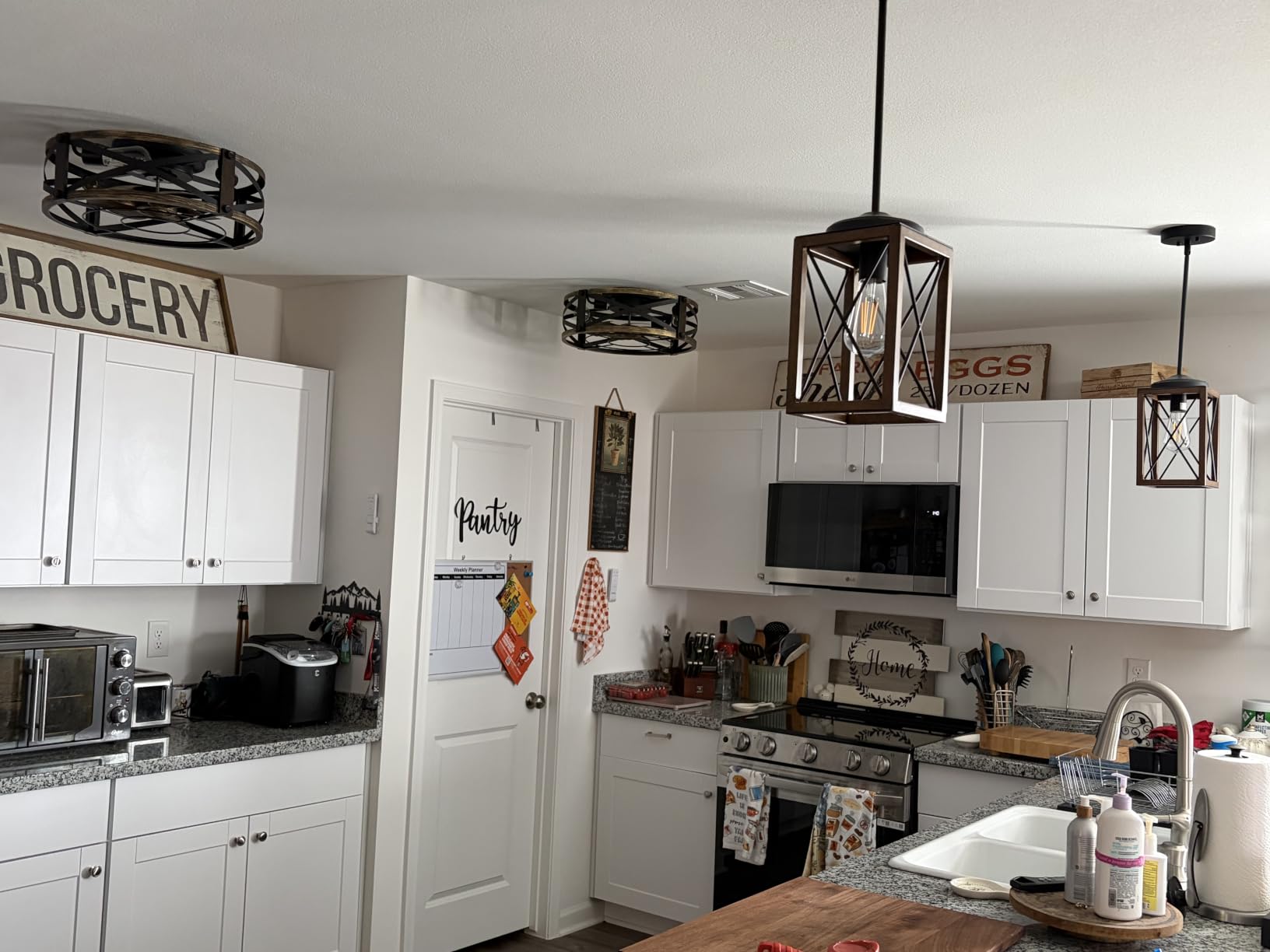 DEWENWILS 2 Pack Farmhouse Pendant Light, Metal Hanging Light Fixture with Wooden Grain Finish, 48 Inch Adjustable Pipes for Flat and Slop Ceiling, Kitchen Island, Bedroom, Dining Hall, ETL Listed customer photo 2
