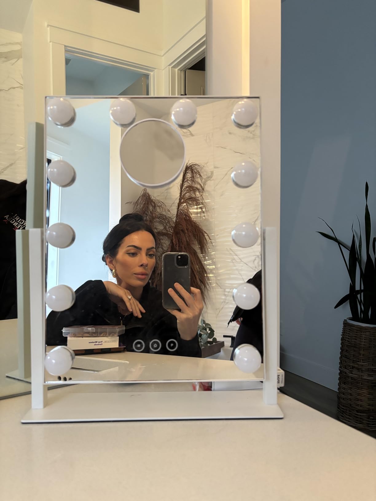 Kotdning Vanity Mirror with Lights,Lighted Vanity Mirror with 9 Dimmable Bulbs for Dressing Room & Bedroom,3 Color Lighting,Modes Detachable 10x Magnification 360°Ratation(White) 12