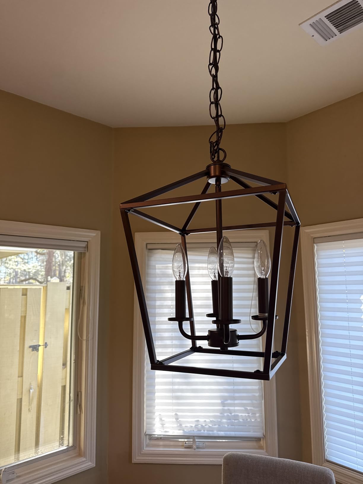 Farmhouse Chandelier Light Fixture for Kitchen Dining Room, 4-Light Rustic Pendant Hanging Ceiling Light Height Adjustable in Oak Wood Finish, Cage Lantern Lighting with E12 Base for Hallway Foyer customer photo 1
