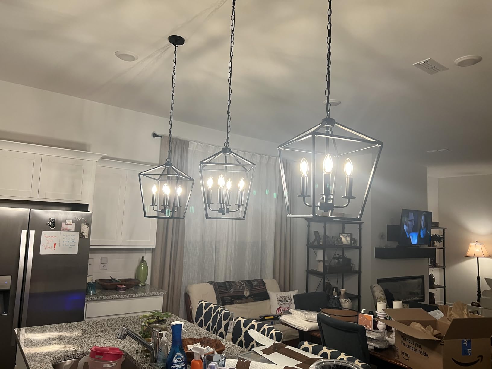Farmhouse Chandelier Light Fixture for Kitchen Dining Room, 4-Light Rustic Pendant Hanging Ceiling Light Height Adjustable in Oak Wood Finish, Cage Lantern Lighting with E12 Base for Hallway Foyer customer photo 2