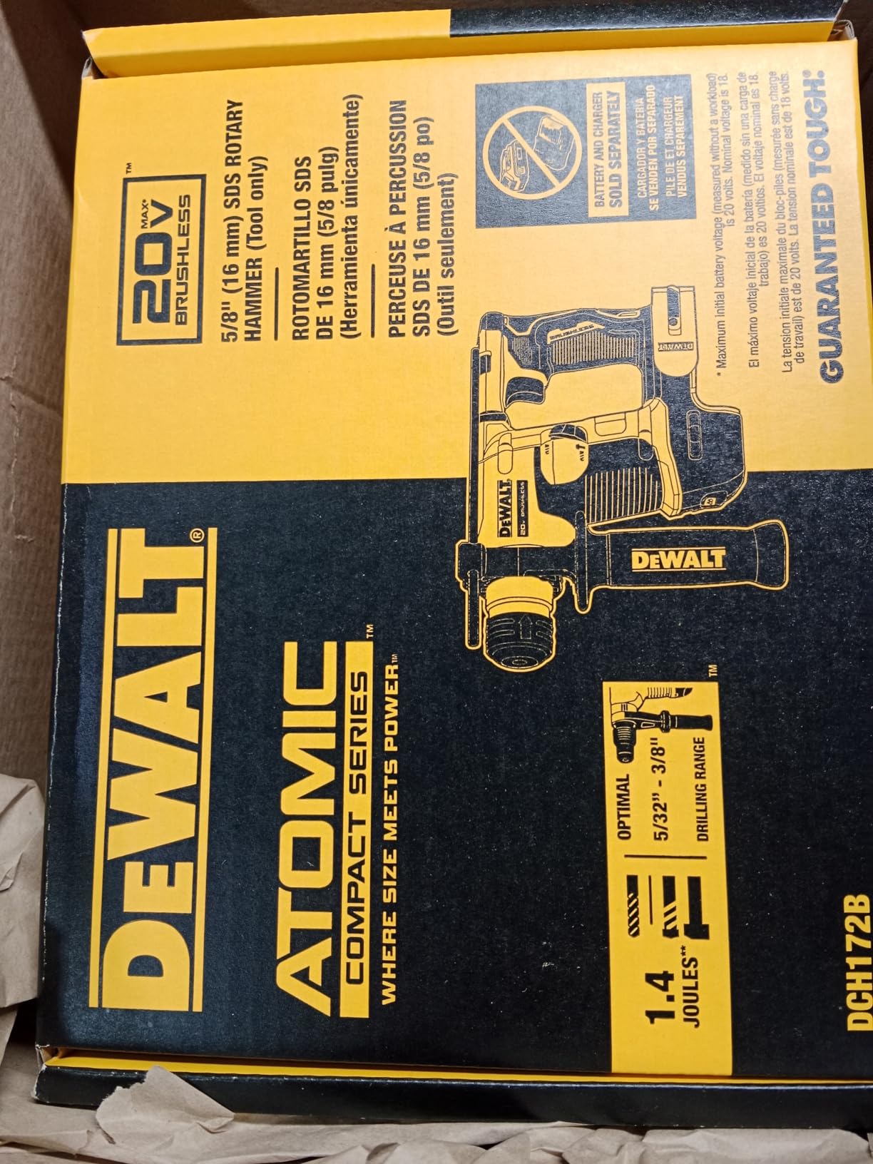 DEWALT 20V MAX SDS Plus Rotary Hammer Drill, Cordless, 5/8 in., Tool Only (DCH172B), Special Feature-Brushless Motor, Compact customer photo 1