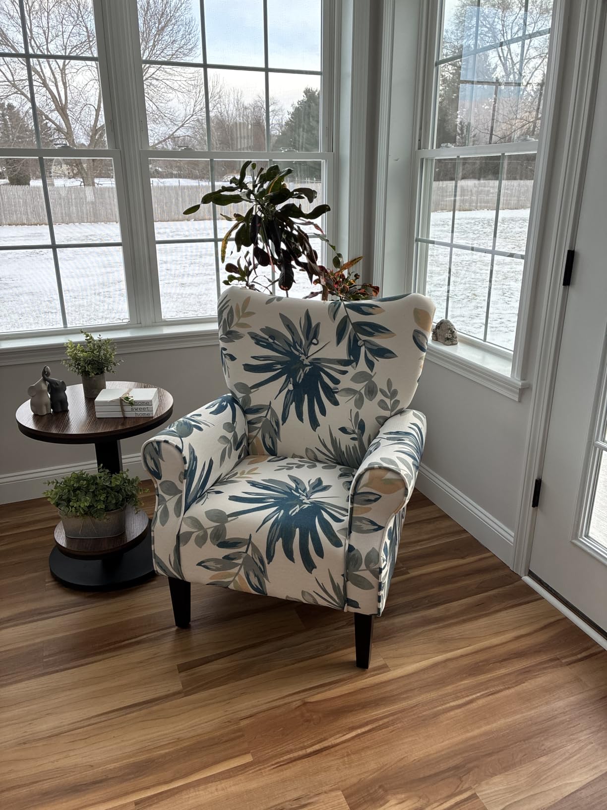 YOLENY Modern Accent Chair,High Back Armchair,Upholstered Fabric Button Single Sofa with Wooden Legs for Living Room,Bedroom,Blue Leaves customer photo 1