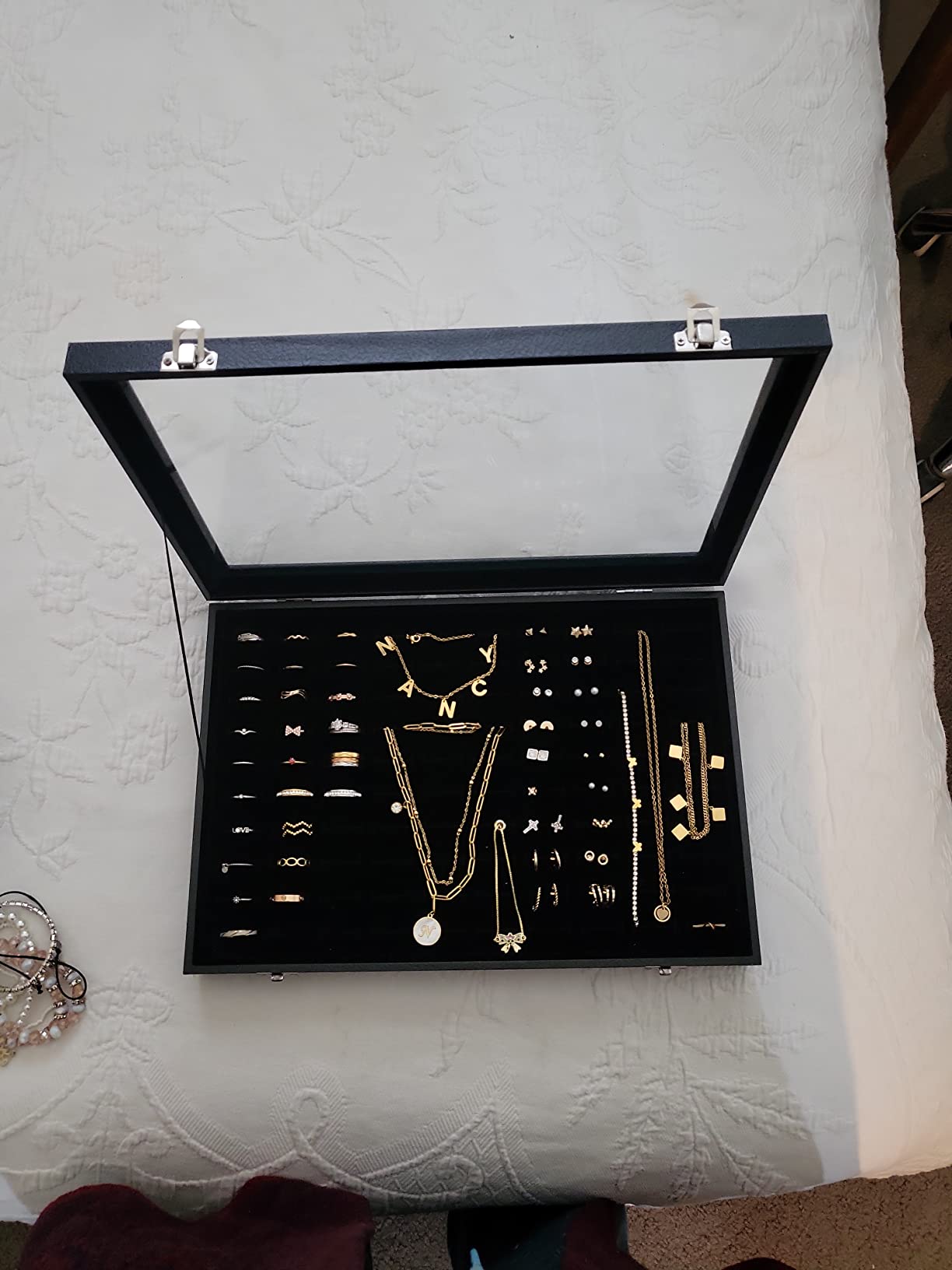 Ring Holder Organizer Box, Jewelry Display Case, Earring Necklace Storage Tray With Top Glass Lid (Black, 100 Slots) customer photo 2
