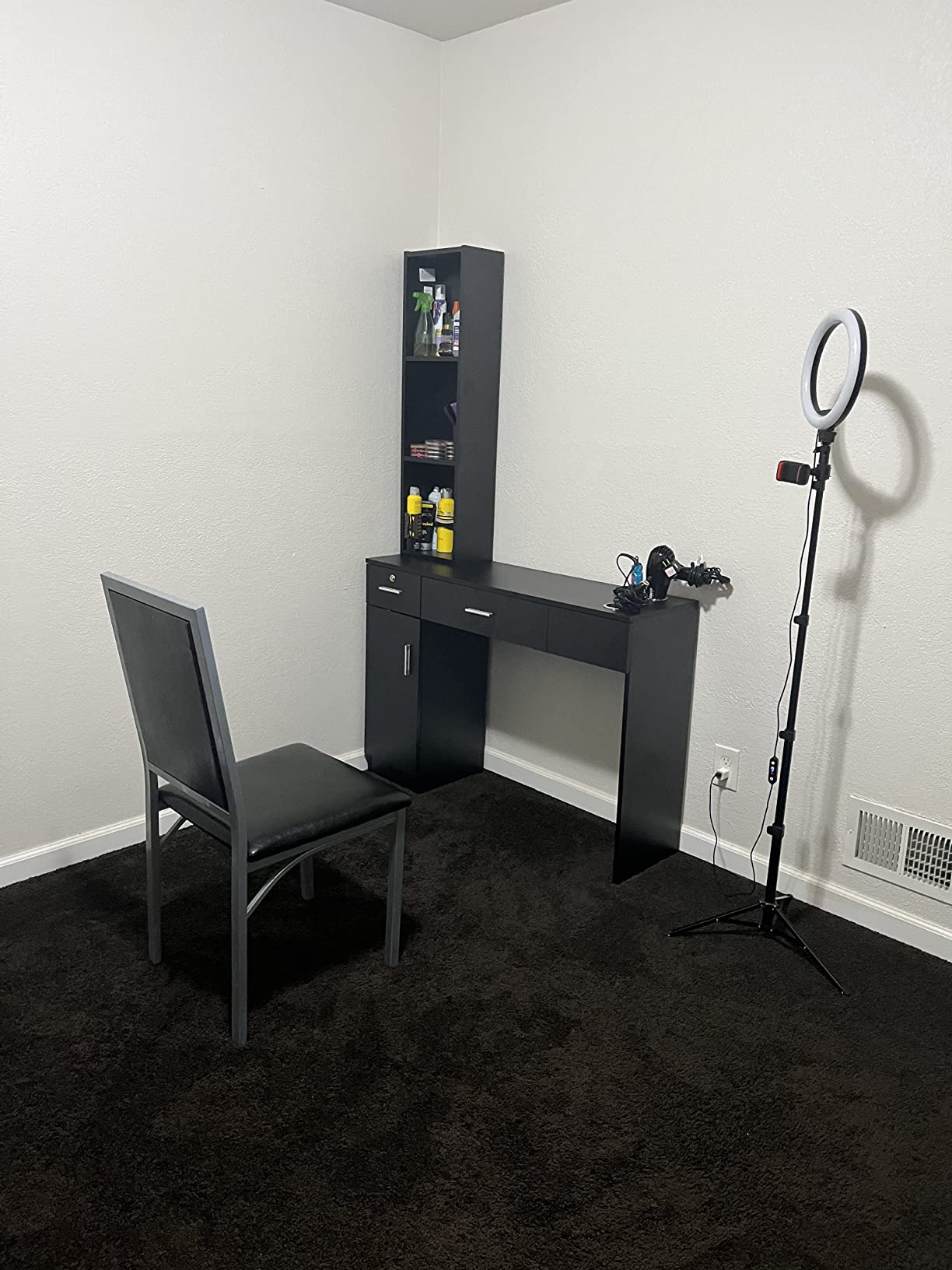 OmySalon Salon Stations for Hair Stylist, Locking Barber Station Organizer, Wall Mount Hair Styling Equipment with 2 Drawers, 1 Storage Cabinet, 3 Open Shelves, for Beauty Spa Hairdresser, Black customer photo 1