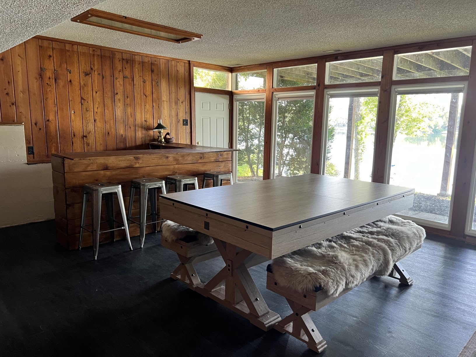 7' 3 in 1 Multi Game Pool Table with Dining Top Pool Ping Pong Table Combo with Dual Storage Bench Seating. Includes Billiards, Ping Pong Accessories. (Rustic Oak with Grey Felt) customer photo 1