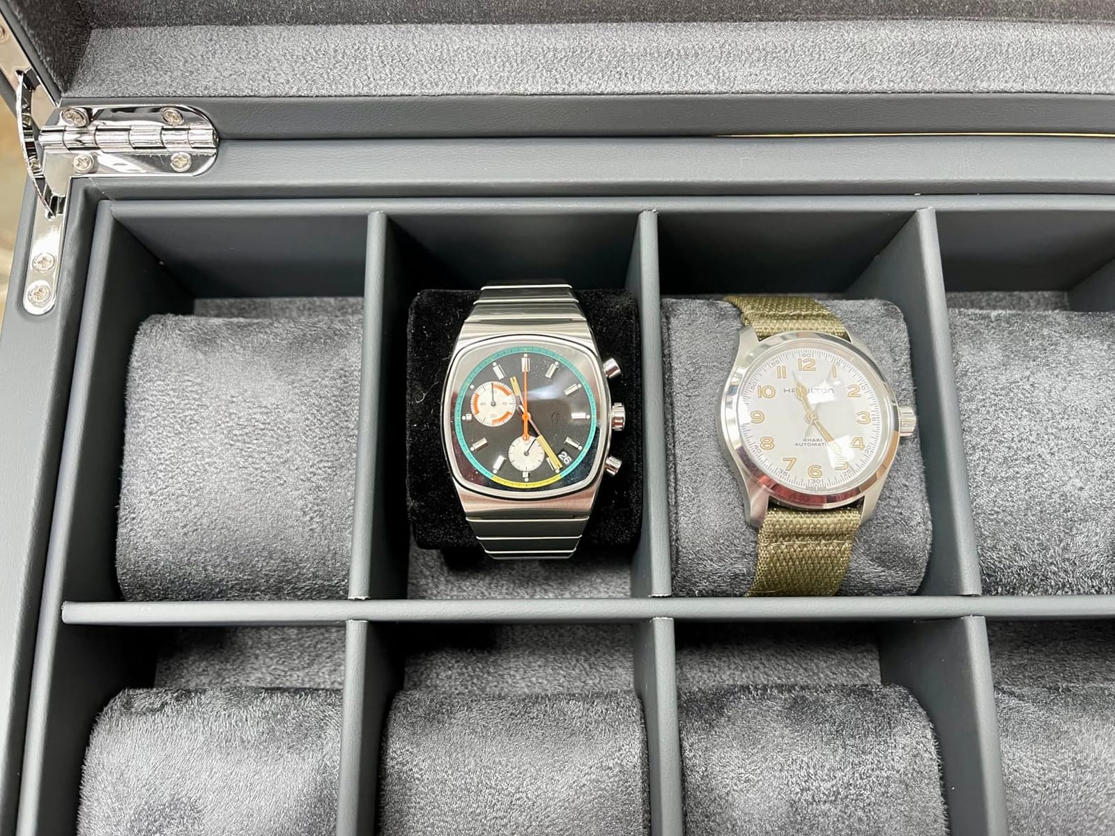 ROTHWELL 10-Slot Watch Box in Leather with Valet Drawer, Luxury Watch Case Display Organizer with Ultra Soft Microsuede Liner, Jewelry and Sunglass Holder With Large Glass top (Green/Tan) customer photo 1