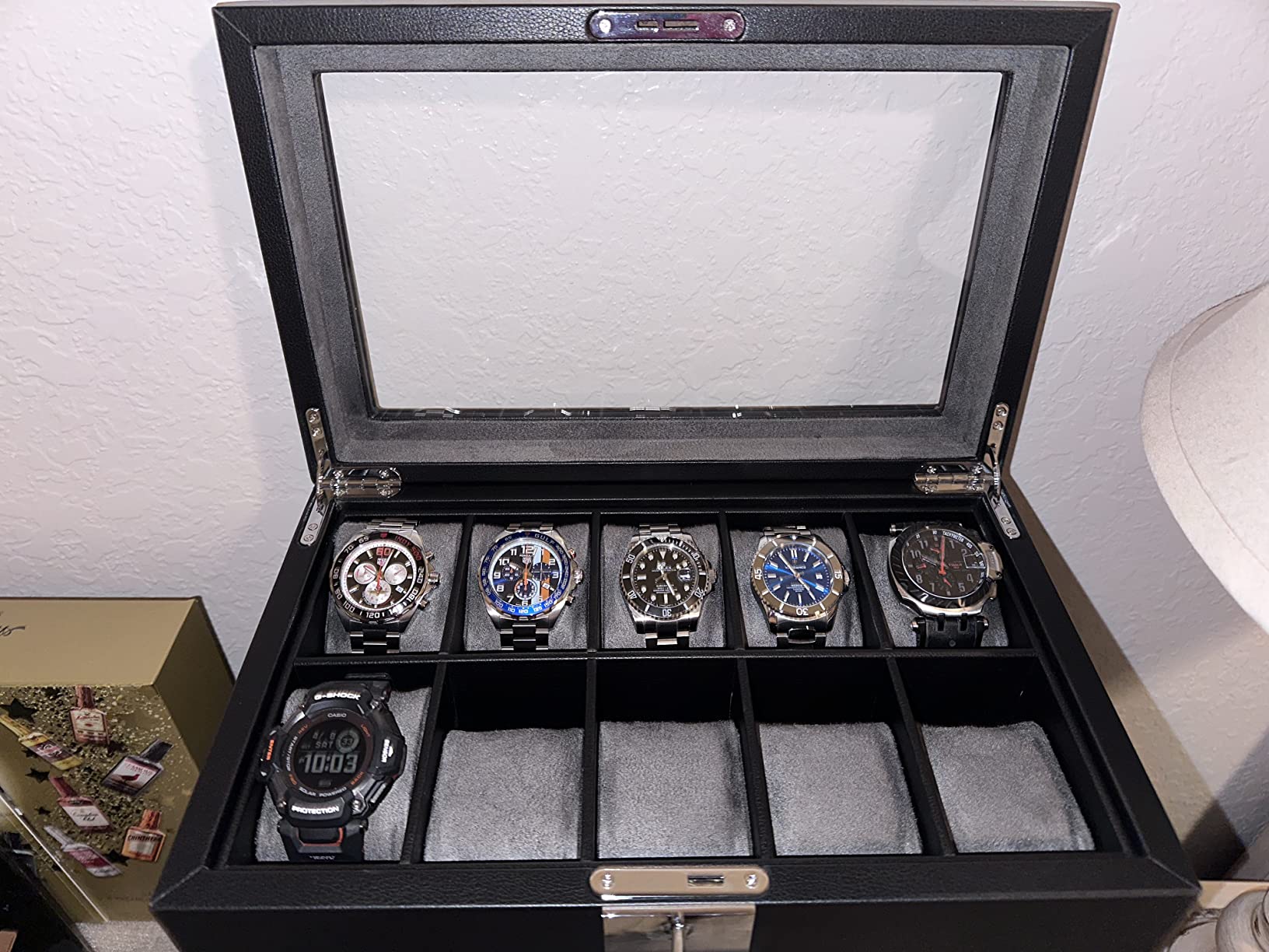 ROTHWELL 10-Slot Watch Box in Leather with Valet Drawer, Luxury Watch Case Display Organizer with Ultra Soft Microsuede Liner, Jewelry and Sunglass Holder With Large Glass top (Green/Tan) customer photo 2