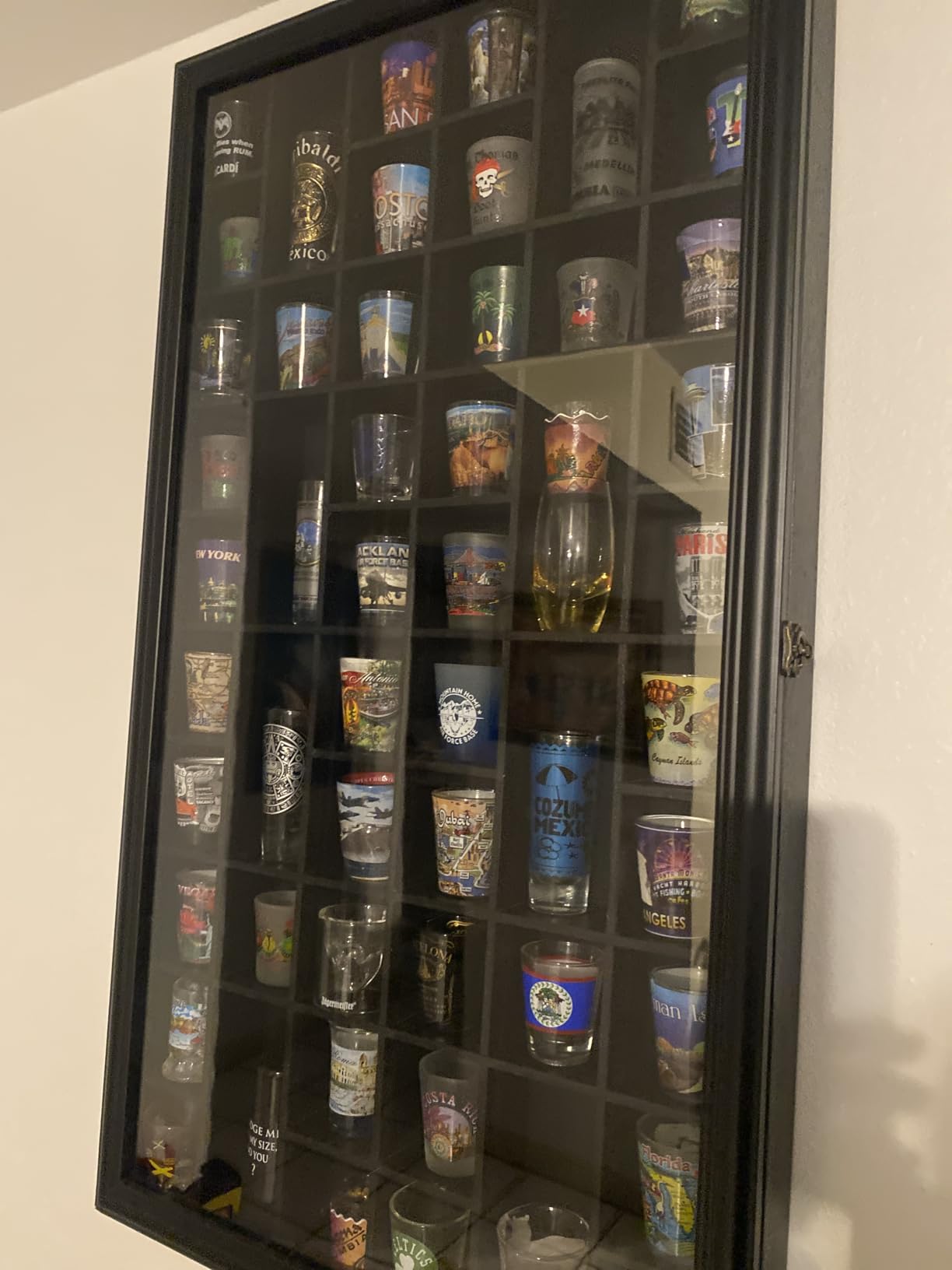 Shot Glass Display Cabinet Solid Wood - Large Display Case for Collectibles | Man Cave Accessories | UV Protection Acrylic Door | Wall Mounted Black Shadow Box | 28 Divided Slots | 18