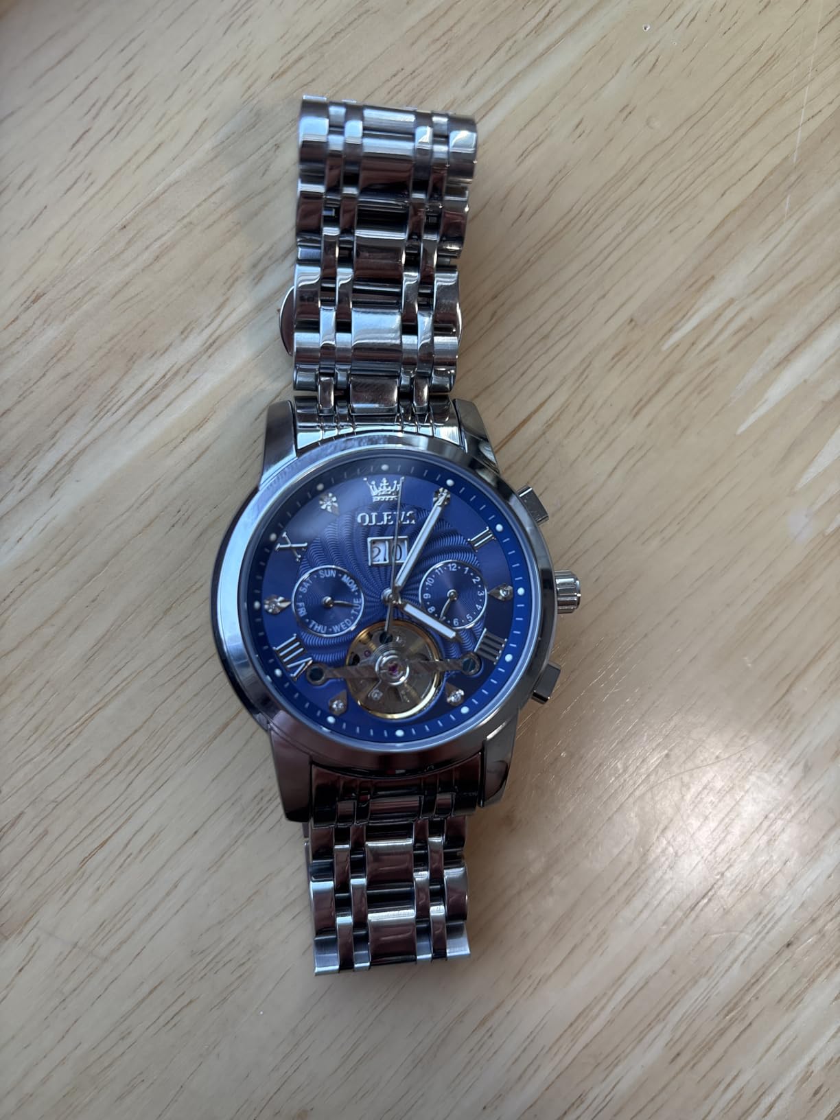 OLEVS Men Automatic Watch Skeleton 5 Hands Mechanical Classic Luxury Multi Calendar Stainless Steel Waterproof Wrist Watch for Men customer photo 1