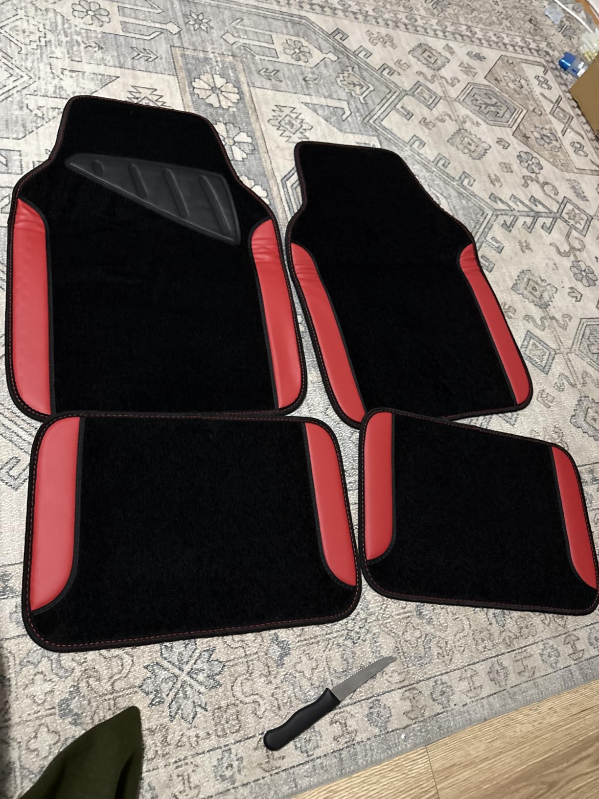 CAR PASS Rainbow Waterproof Universal Fit Faux Leather Car Carpet- Anti-Slip Nibbed Backing Floor Mats for SUV, Vans,Sedans,Trucks, Automotive Set of 4 for Women (Black with Red) customer photo 2