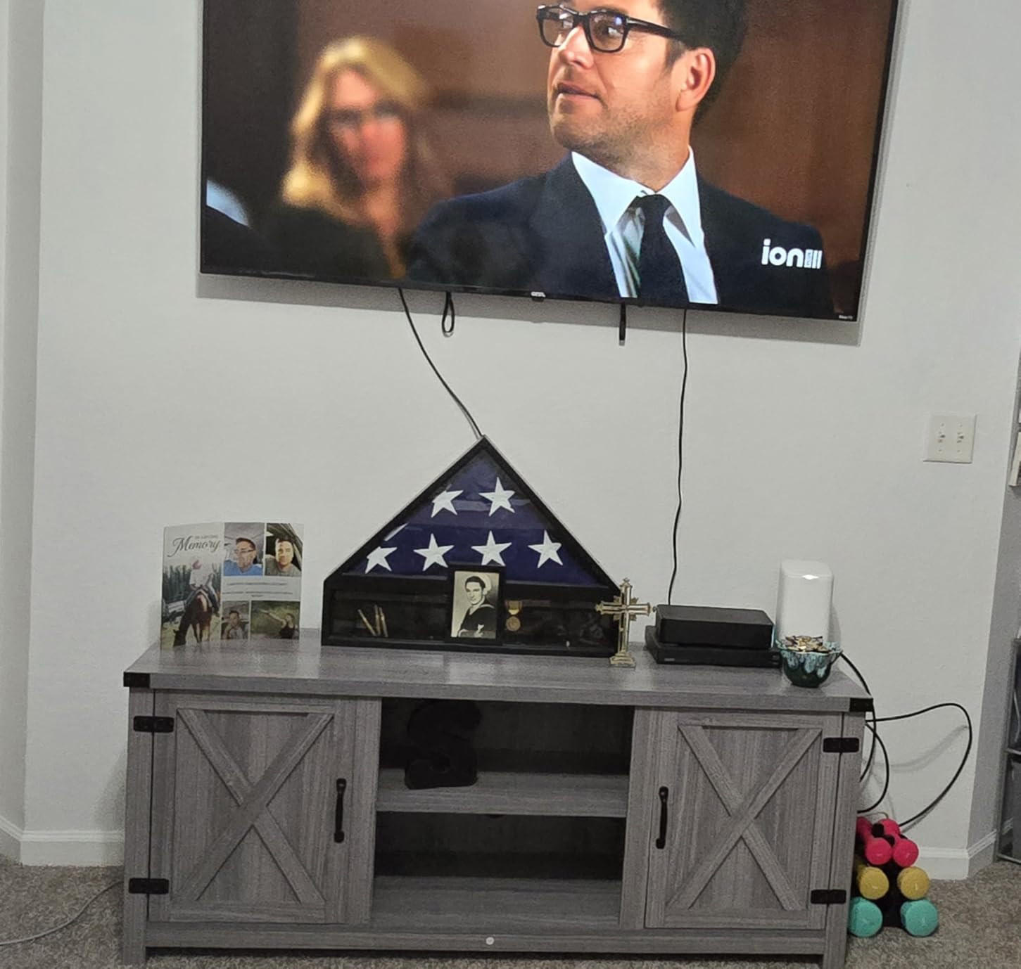 YESHOMY Modern Farmhouse TV Stand with Barn Door for 65 Inch TV, Gray Wash customer photo 1