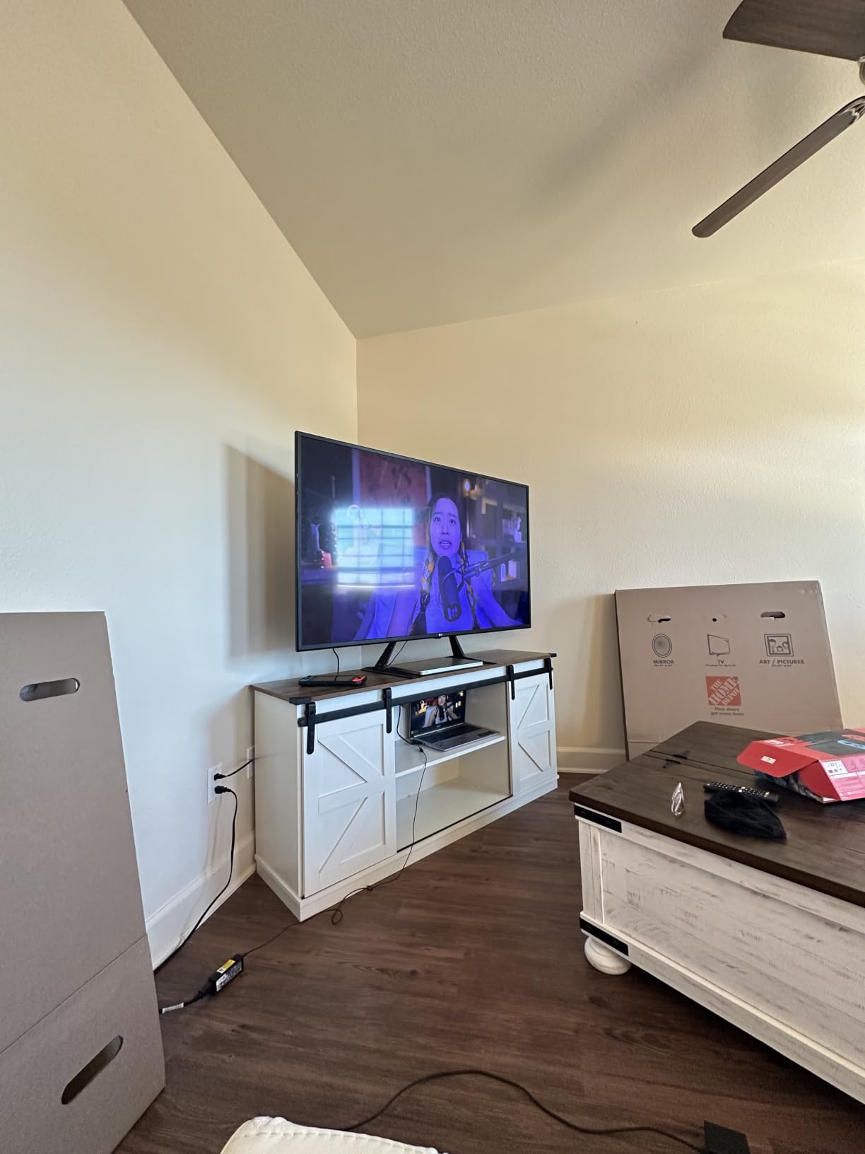 JUMMICO TV Stand for 65 Inch TV, Sliding Barn Doors, Rustic Oak customer photo 1