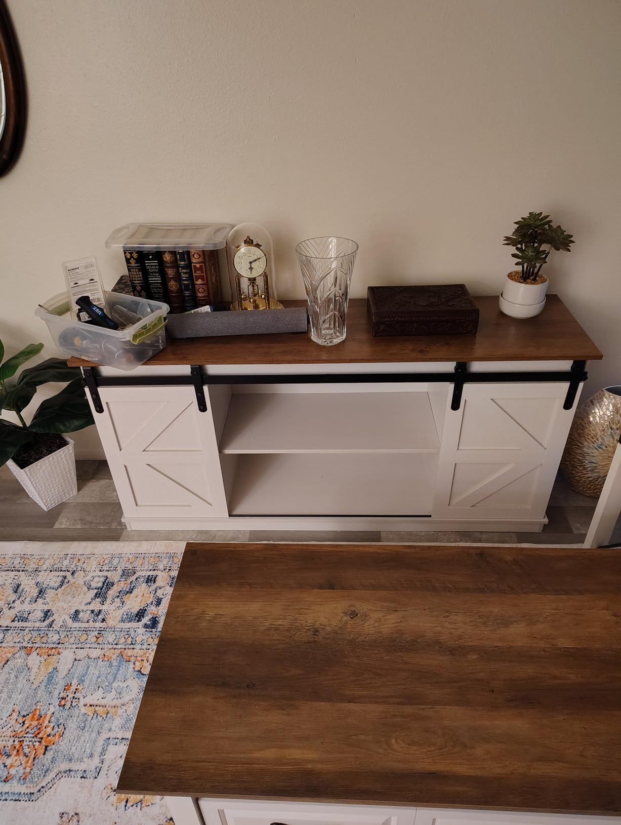 JUMMICO TV Stand for 65 Inch TV, Sliding Barn Doors, Bright White customer photo 2