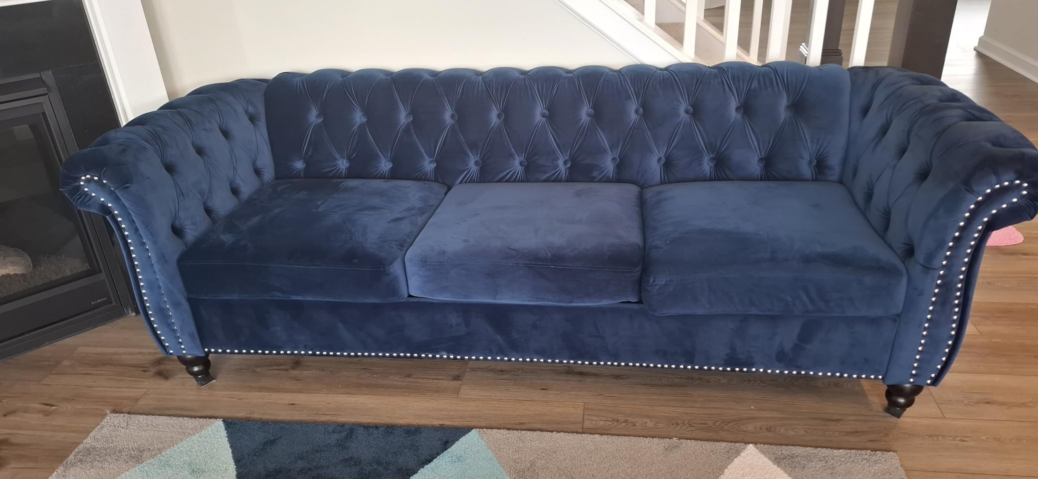 LEVNARY Three-Seat Velvet Sofa, Large Sofa Classic Tufted Chesterfield Settee Modern 3 Seater Couch Furniture Tufted Back for Living Room, Blue customer photo 1
