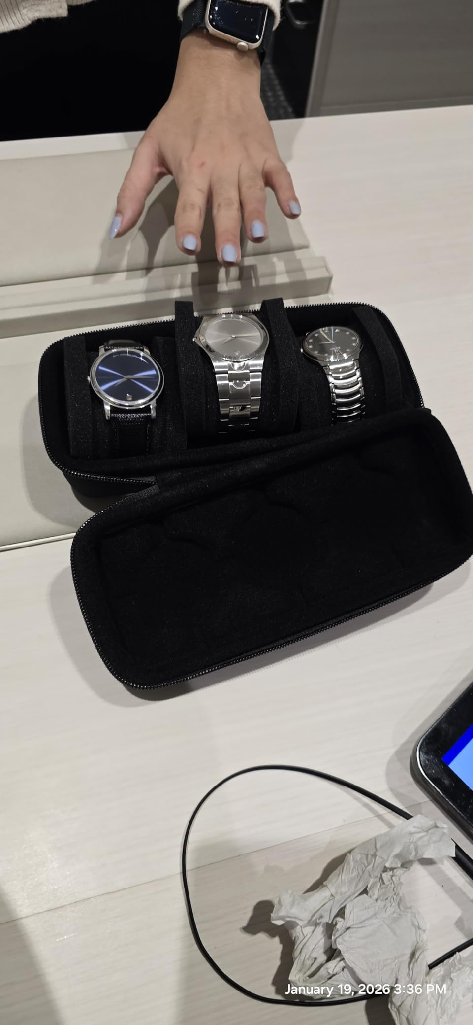 3 Slot Hard Watch Travel Case, Watch Roll Case Storage and Organizer for Men and Women, with anti-move watch pillow (Black fabric 3Slots) customer photo 2