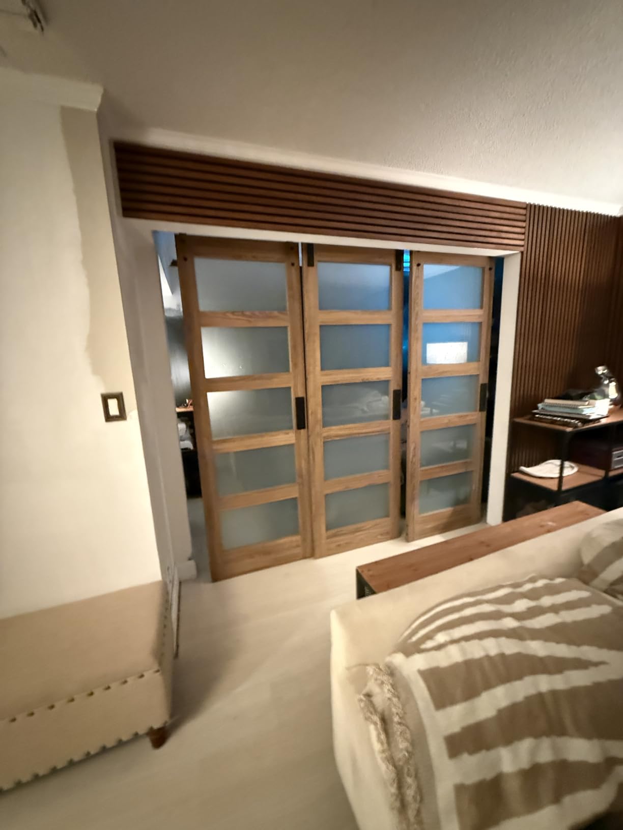 FREDBECK 36 x 84 inch Glass Barn Door with 6.6FT Track Kit, Interior Doors | Fit for 32in-34in Opening Handle Included,5-Panel Frosted Glass, Water-Proof Surface,Pre-Drilled Holes,Need Assembly customer photo 1
