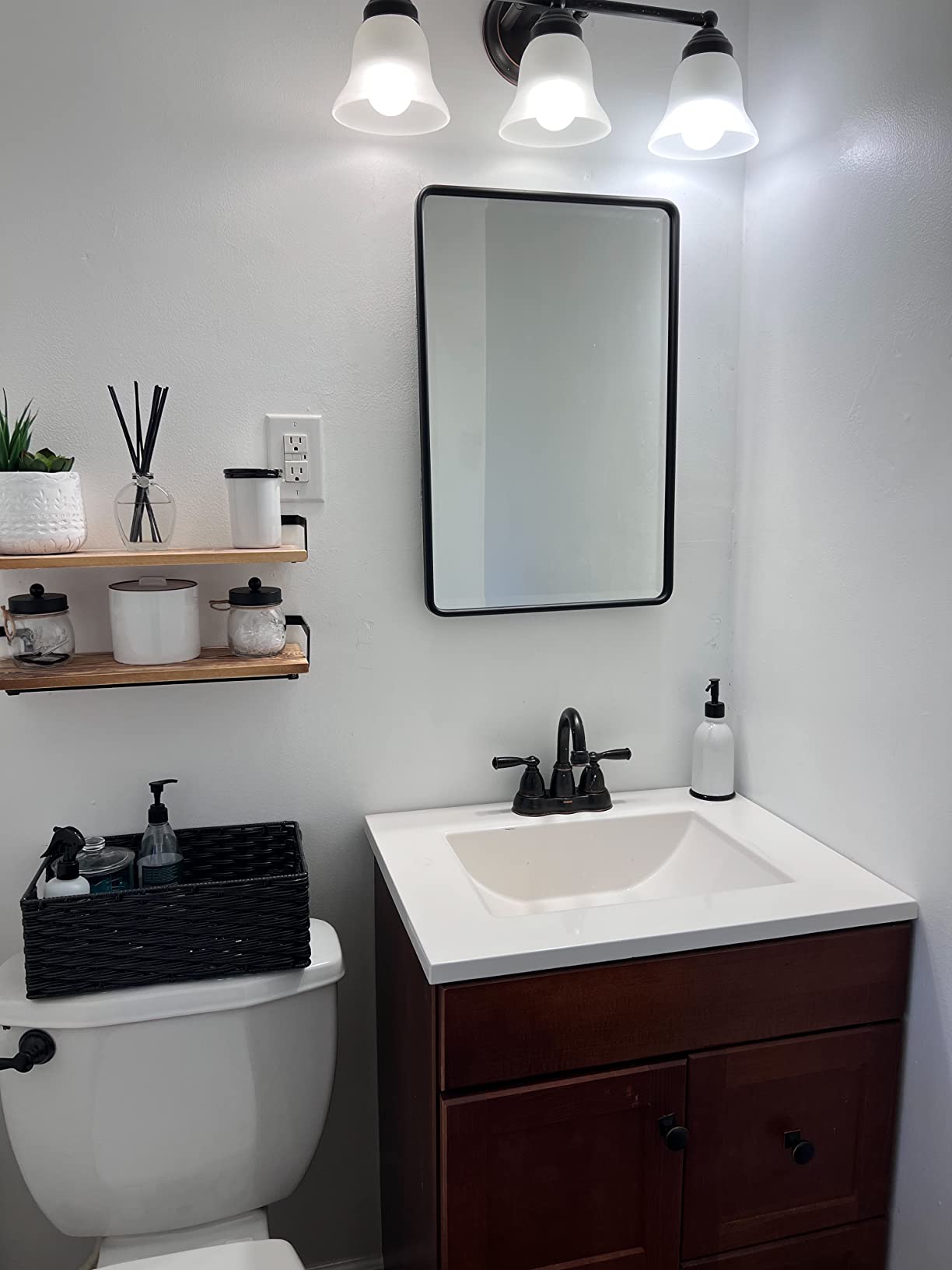 TEHOME Farmhouse Matt Black Recessed Bathroom Medicine Cabinet with Mirror Rounded Rectangle Metal Framed Medicine Cabinet with Beveled Mirror 20x30'' customer photo 1