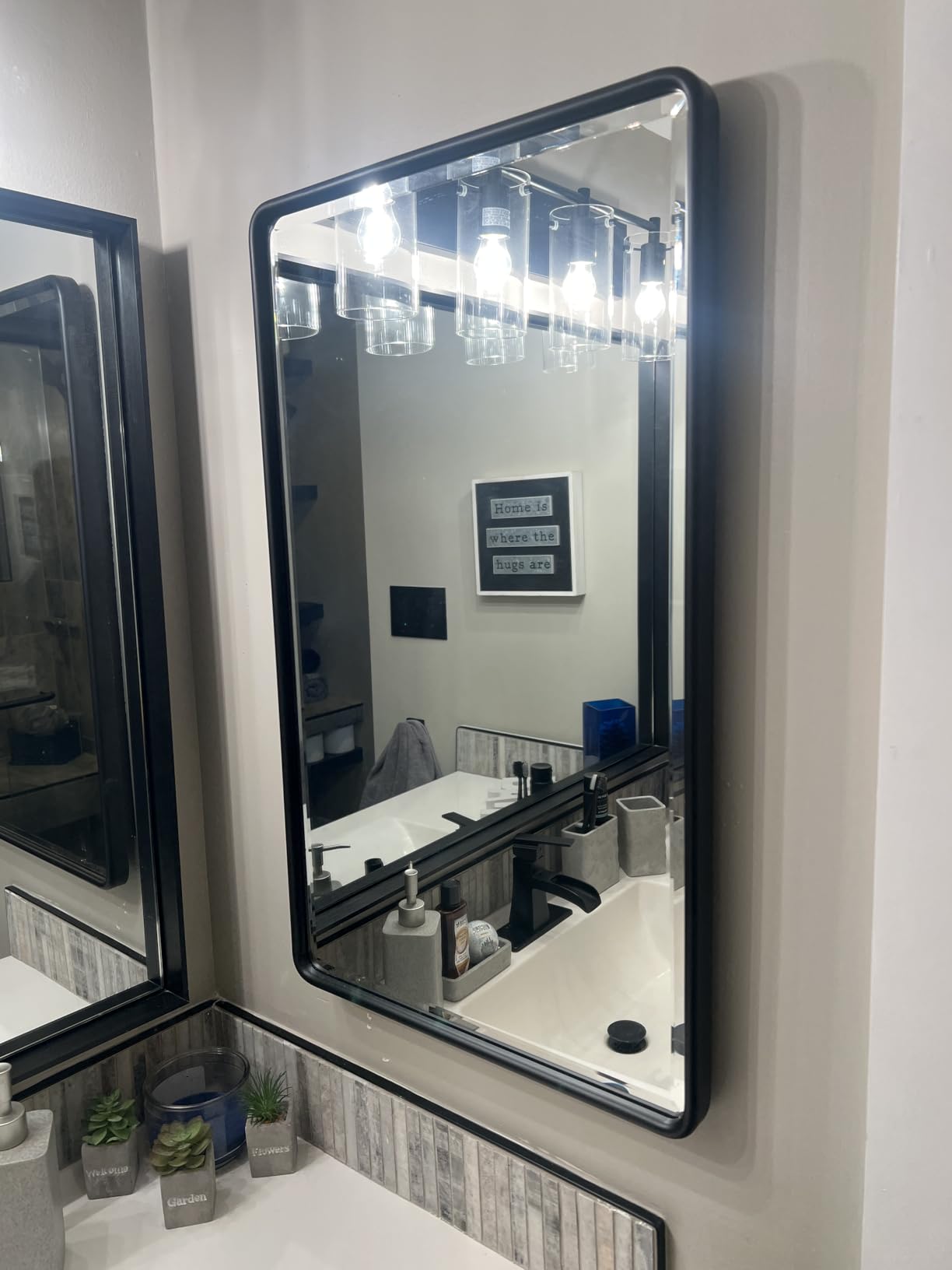 TEHOME Farmhouse Matt Black Recessed Bathroom Medicine Cabinet with Mirror Rounded Rectangle Metal Framed Medicine Cabinet with Beveled Mirror 20x30'' customer photo 2