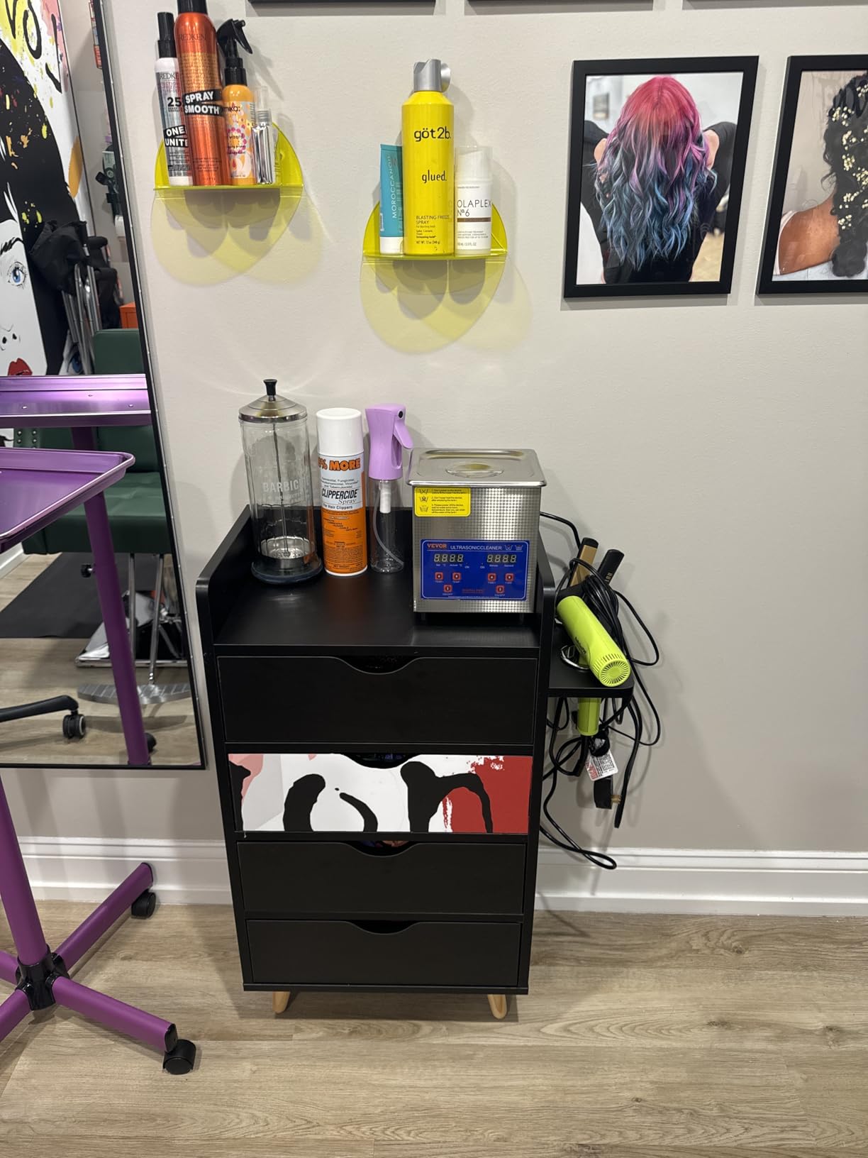 OmySalon 4 -Layer Salon Storage Cabinet,Beauty Barber Salon Styling Station Organizer Equipment,Hair Stylist Station Set with 2 Hair Dryer Holders，4 Drawers and Raised Table Legs, Black customer photo 2