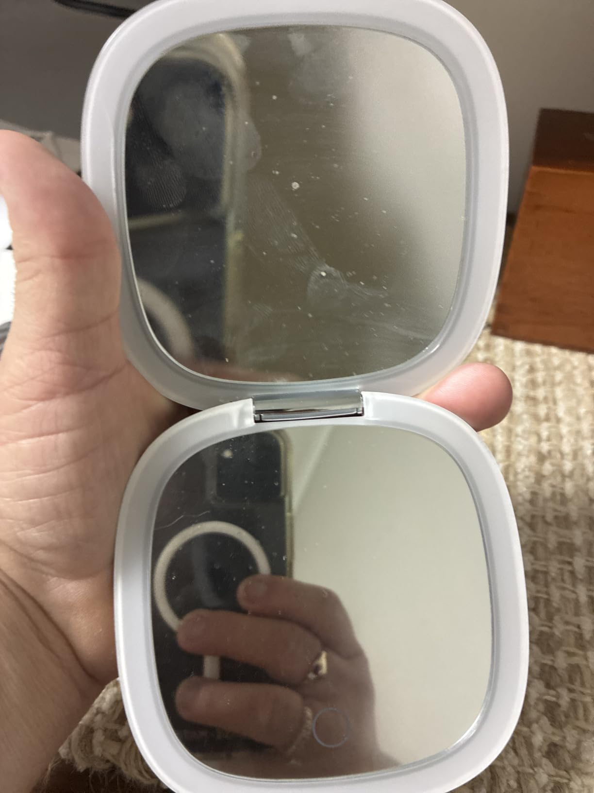 Mocado Compact LED Magnifying Travel Makeup-Mirror - 4 inches 1X/10X Magnification Small Hand Pocket Dimmable Double Sided USB Rechargeable Touch Screen, Portable Tabletop Cosmetic (White) customer photo 1