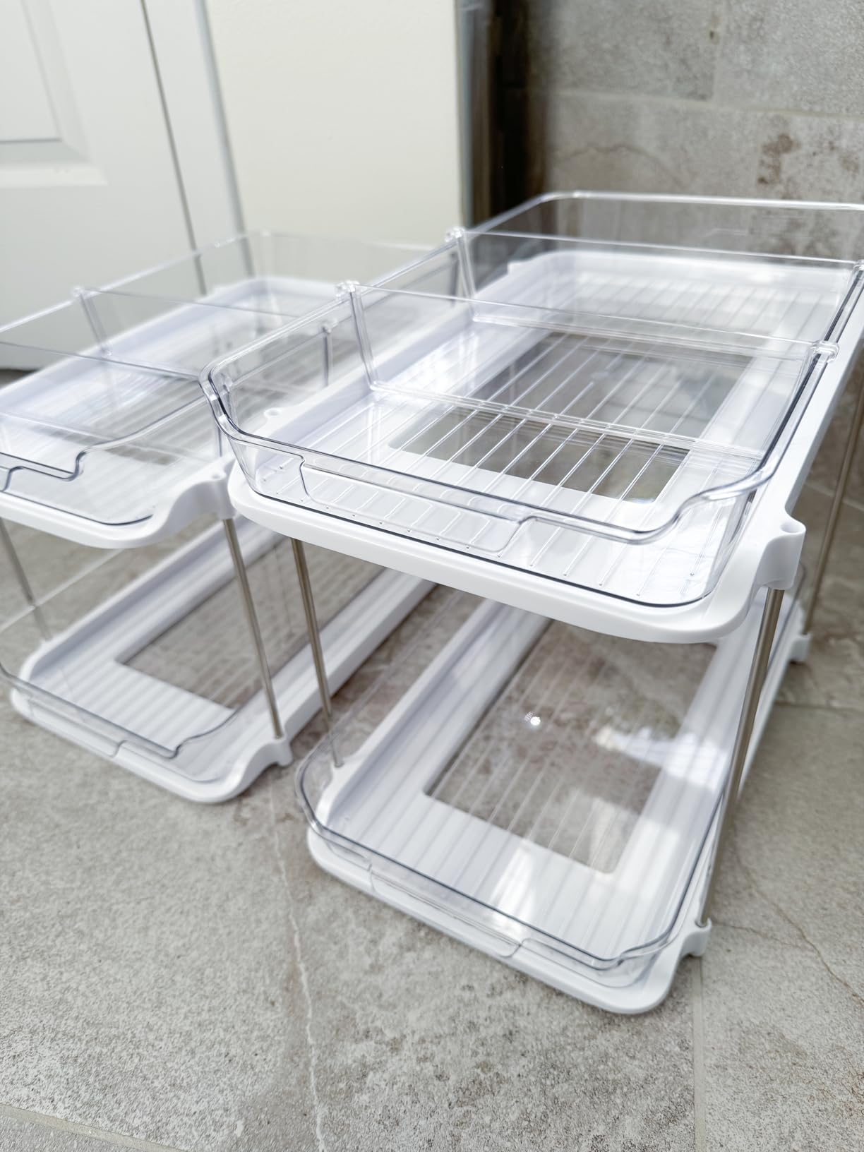 Delamu 2-Tier Multi-Purpose Bathroom Under Sink Organizers and Storage, Stackable Kitchen Pantry Organization, Pull Out Medicine Cabinet Organizer with Movable Dividers, White, 2 Pack customer photo 2