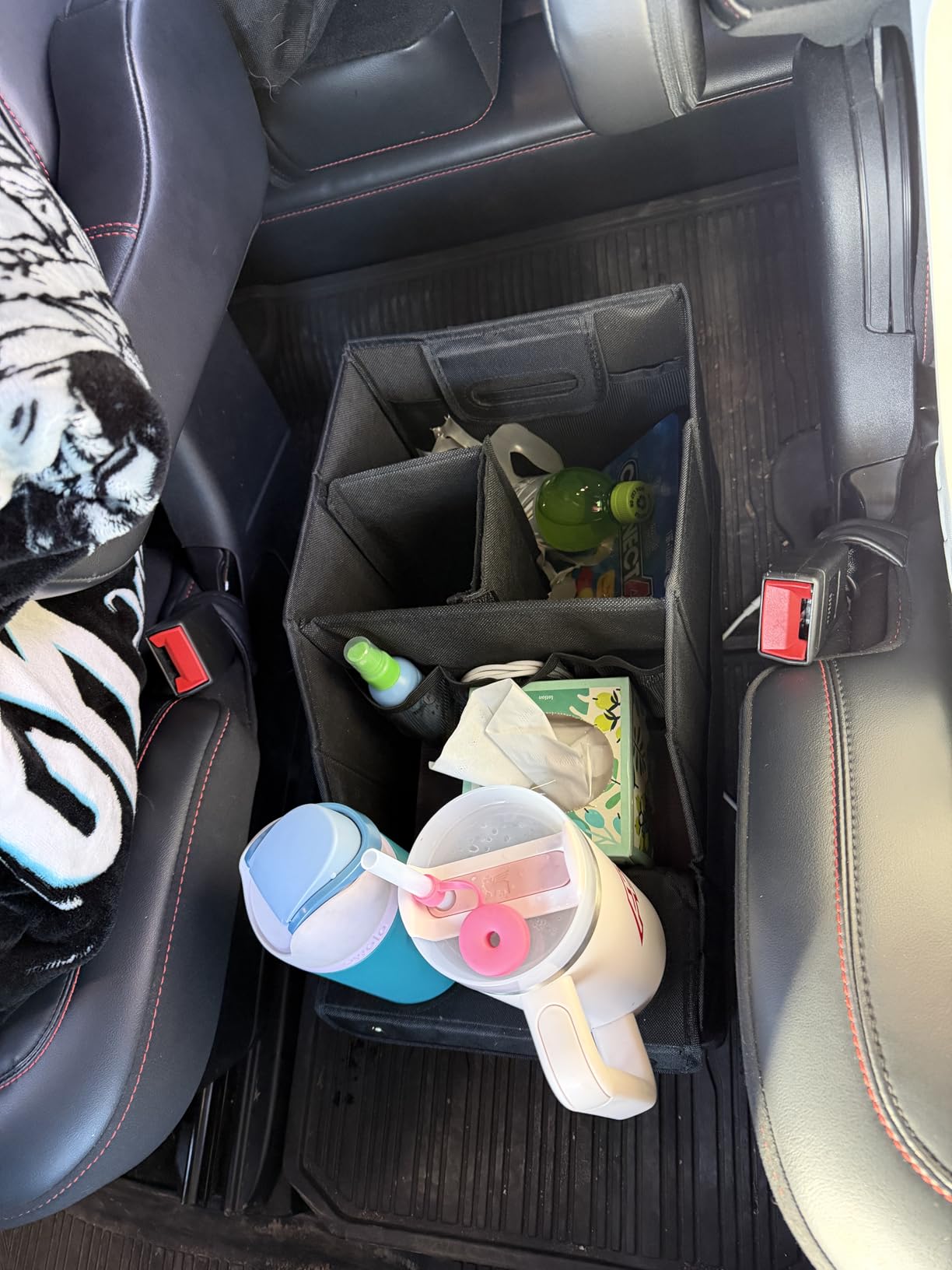 MULISOFT Car Backseat Organizer with 11 Compartments & 2 Cup Holders, Black | Made from durable Oxford fabric with a waterproof surface, anti-slip buckles, and a foldable design for easy storage. customer photo 2