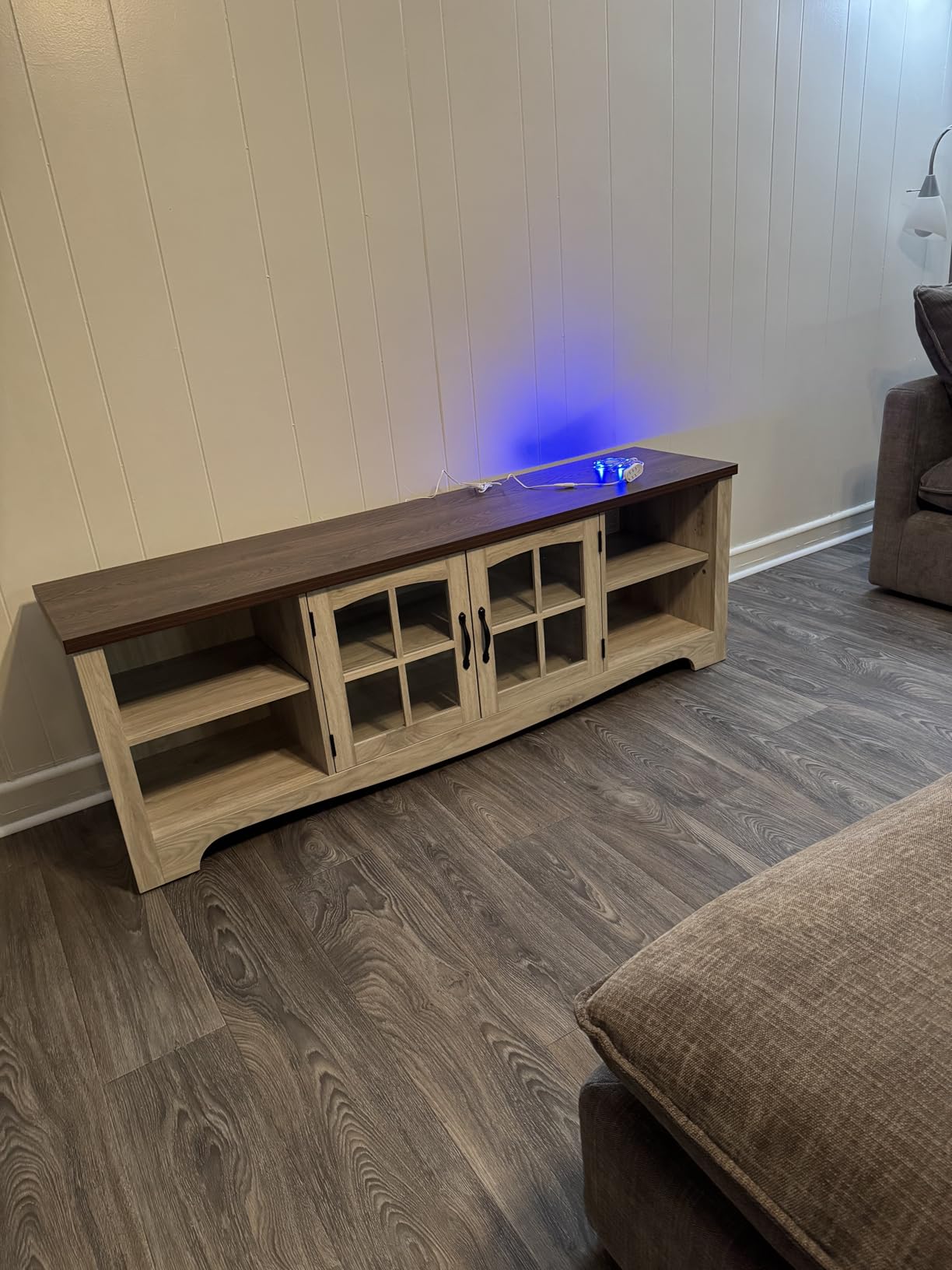LINSY HOME Farmhouse TV Stand for 65 Inch TV, Wood Entertainment Center with Glass Door Storage Cabinet & Adjustable Shelves, Large Sturdy TV Console Table for Living Room Bedroom customer photo 1