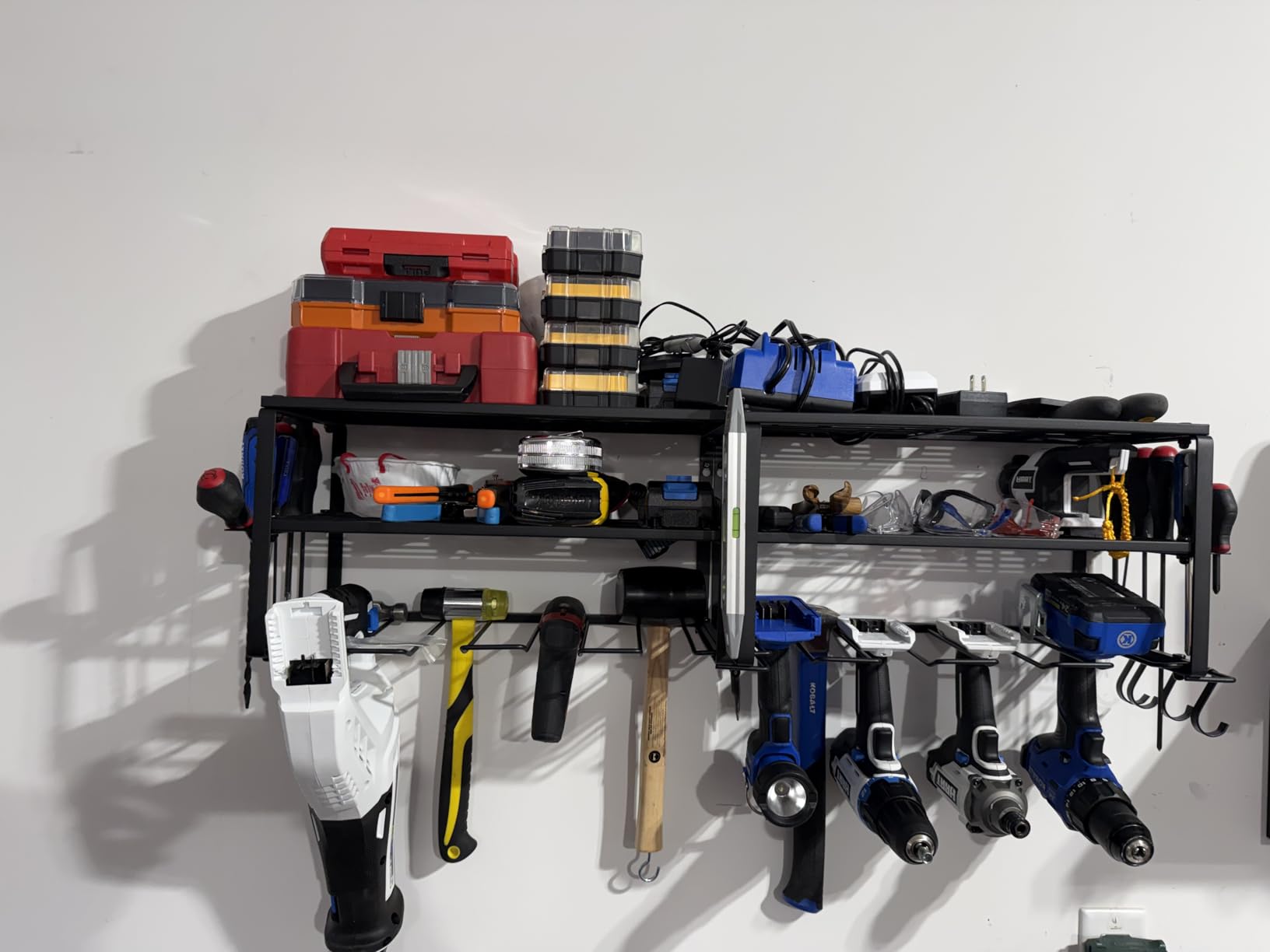 SUNALLY Power Tool Organizer, Heavy Duty Iron, 3 Layers Storage Rack with 4 Drill Holders, Floating Tool Shelf Wall Mounted, Matte Black, Work Shop, Garage, 150Lbs Load Capacity customer photo 1
