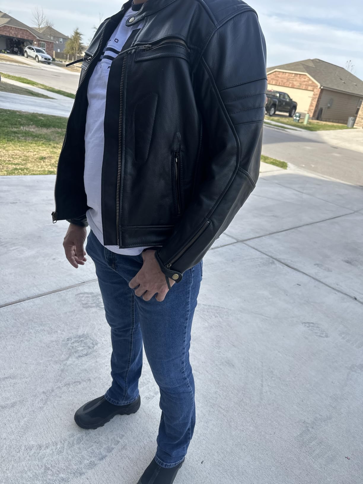 Men’s Leather Motorcycle Jacket, Distressed Biker Riding Jacket with Armor Pockets, Removable Liner customer photo 1