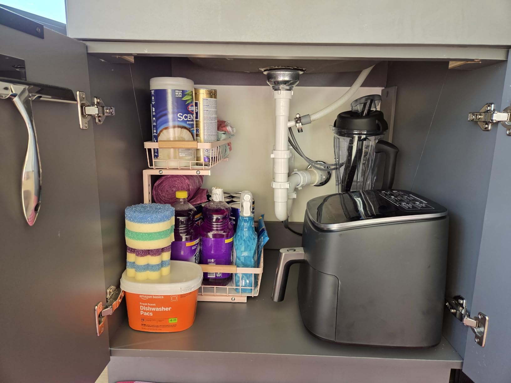 Kitstorack Under Sink Organizer, 2 Tier Under the Sink Storage, Slide out Pull out Cabinet Organizer Shelf, Metal Sliding Drawer for Kitchen Bathroom Pantry Closet Organization Rack, Black, 2 Pack customer photo 1