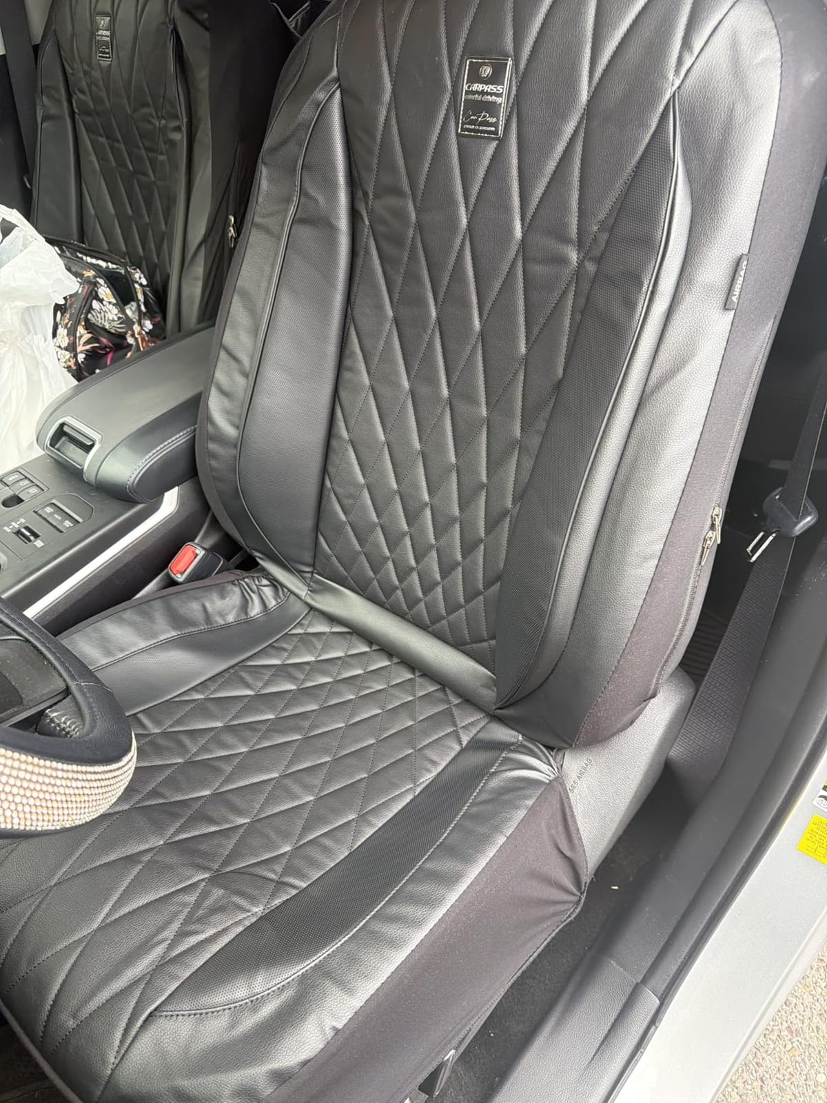 CAR PASS Piping Luxury Faux PU Leather Two Front Car Seat Covers, Waterproof Anti Slip Seat Covers Compatible with Front Seat Armrests,Universal Fit for Suvs,Vans,Trucks, Airbag Compatible(All Black) customer photo 2