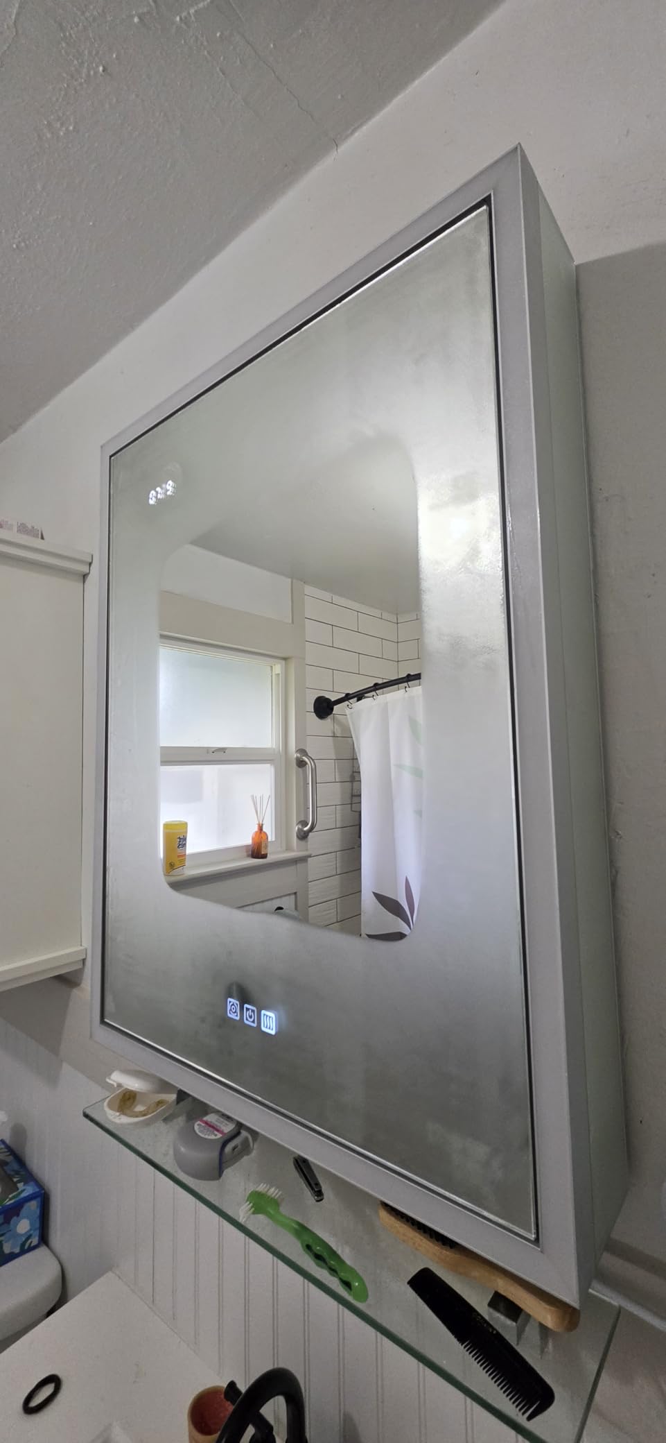 LED Medicine Cabinet with Mirror, 24x32 Surface or Recessed Lighted Medicine Cabinet with Mirror, Dimmable Fogless Aluminum Medicine Cabinet with Outlet, Time Display& Built-in Sensing Light customer photo 1