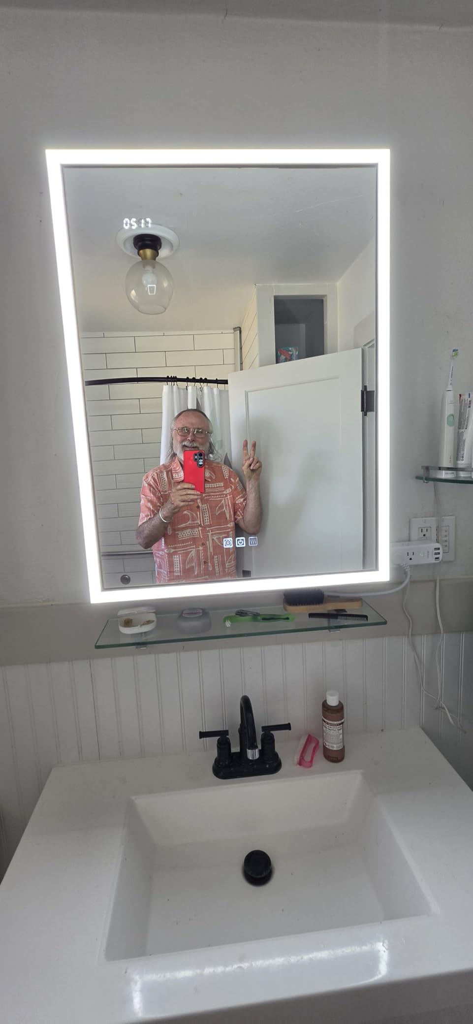 LED Medicine Cabinet with Mirror, 24x32 Surface or Recessed Lighted Medicine Cabinet with Mirror, Dimmable Fogless Aluminum Medicine Cabinet with Outlet, Time Display& Built-in Sensing Light customer photo 2