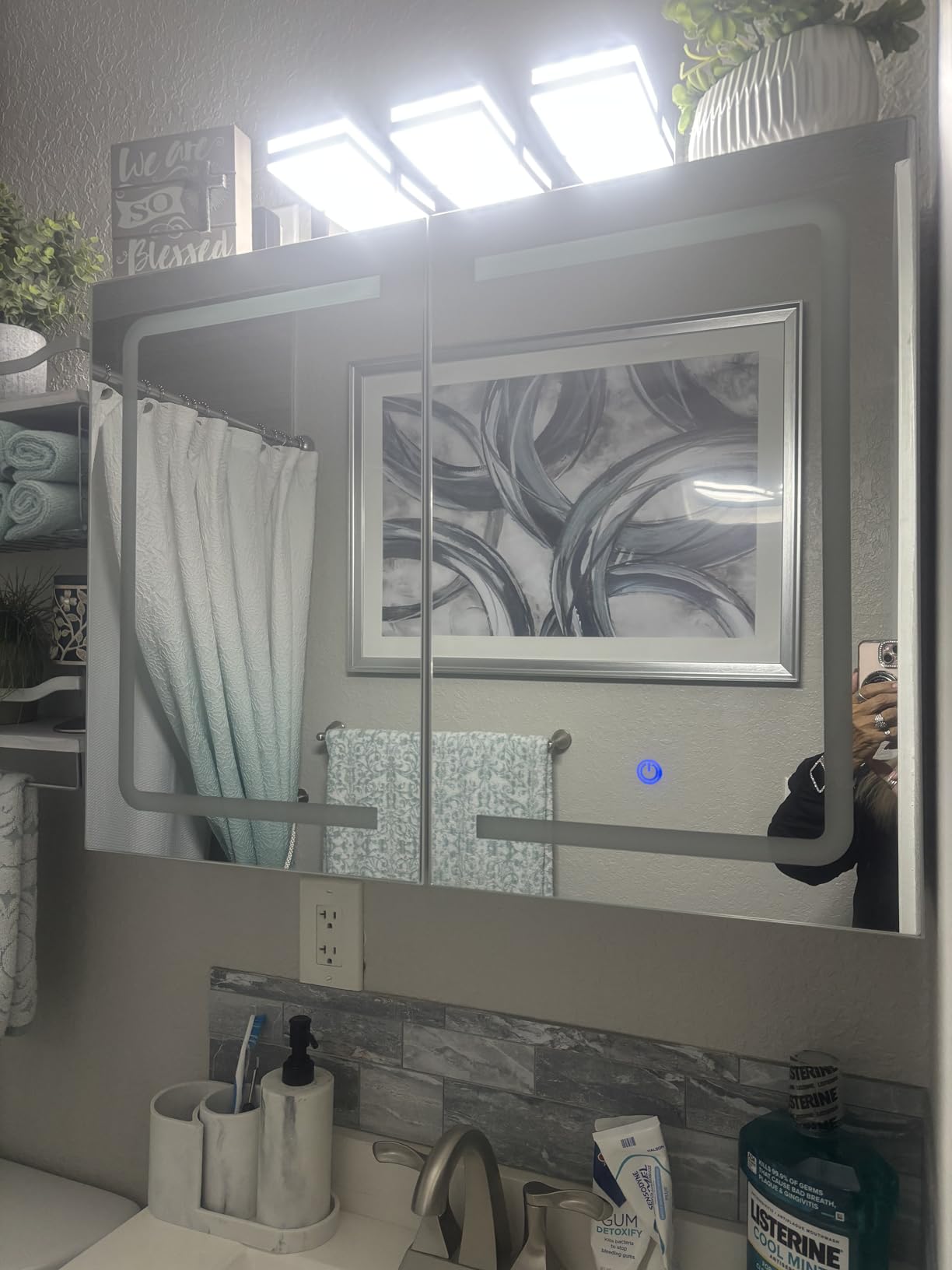 DICTAC Medicine Cabinet with Mirrors and Storage 31.5''x23.6'' Wall Mounted Bathroom Mirror Cabinets with Led Lights Double Doors Mirror Lighted Medicine Cabinets with Adjustable Storage Shelf,White customer photo 2