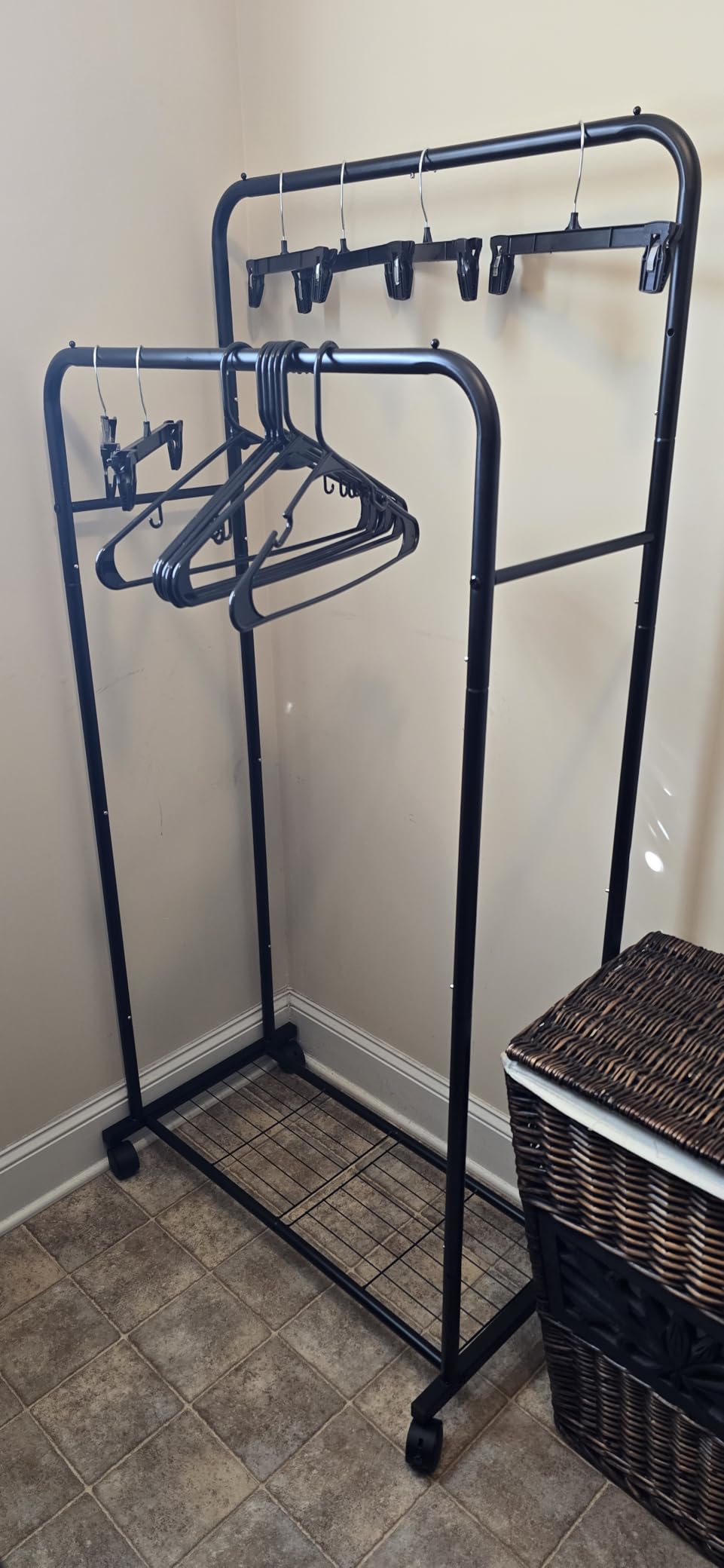 Sakugi Clothes Rack - Clothing Rack with Storage Mesh Shelf & Casters, Heavy-Duty Metal Clothing Rack for Hanging Clothes, Dresses, Coats, Large Load Capacity, Easy Assembly, Black, 28.0