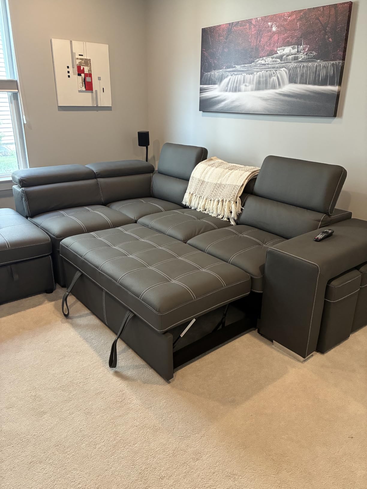 THSUPER 102'' Microfiber L Shaped Sectional Sleeper Sofa Couch with Pullout Bed and Storage Chaise, Convertible Couches with Adjustable Headrest for Living Room, Reversible Chaise. Charcoal Grey customer photo 1