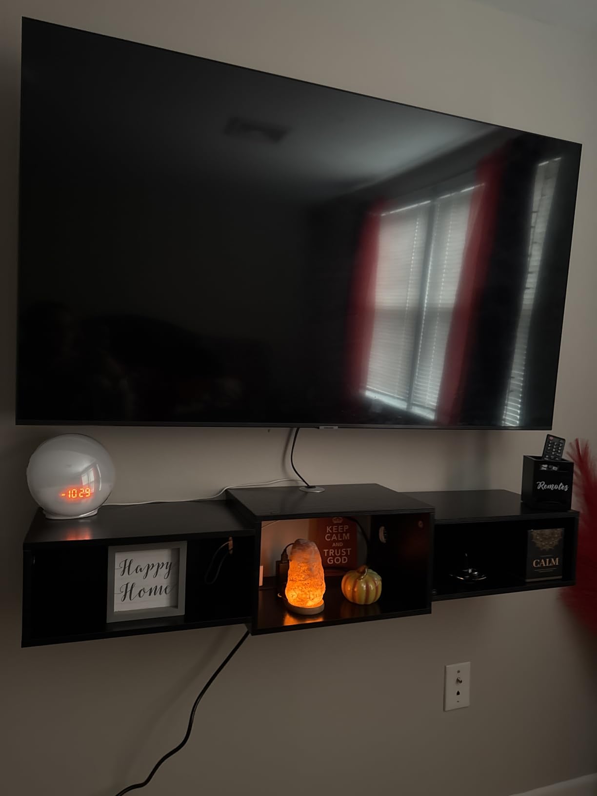 IBUYKE Floating TV Stand Wall Mounted with Power Outlet,Modern Wood Wall Mounted Media Console Shelf,Floating Entertainment Center for Under TV Storage for Living Room Bedroom Office,Black WST001B- customer photo 2