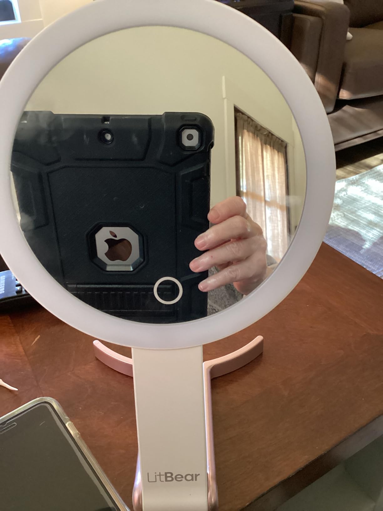 LitBear Travel Makeup Mirror with Lights, Rechargeable Double-Sided 10X/1X Magnifying Mirror, Portable Lighted Beauty Mirror, 3 Color Lighting, Dimmable Touch Screen, Tabletop Handhold Hanging (White) customer photo 2