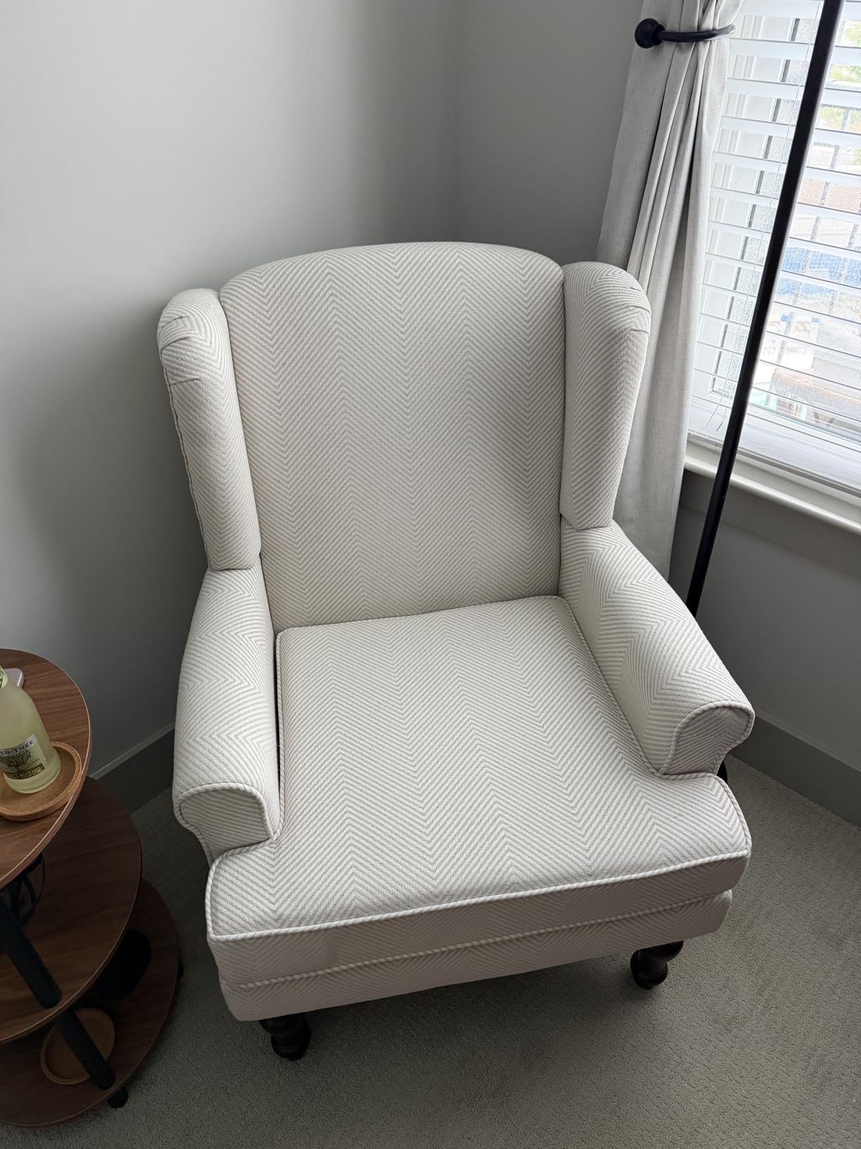 HUIMO Printed Wingback Accent Chair, Linen Upholstered High Back Armchair, Comfy Reading Chair for Living Room Bedroom Study, 300lbs Weight Capacity (1, Tan with Lines) customer photo 1