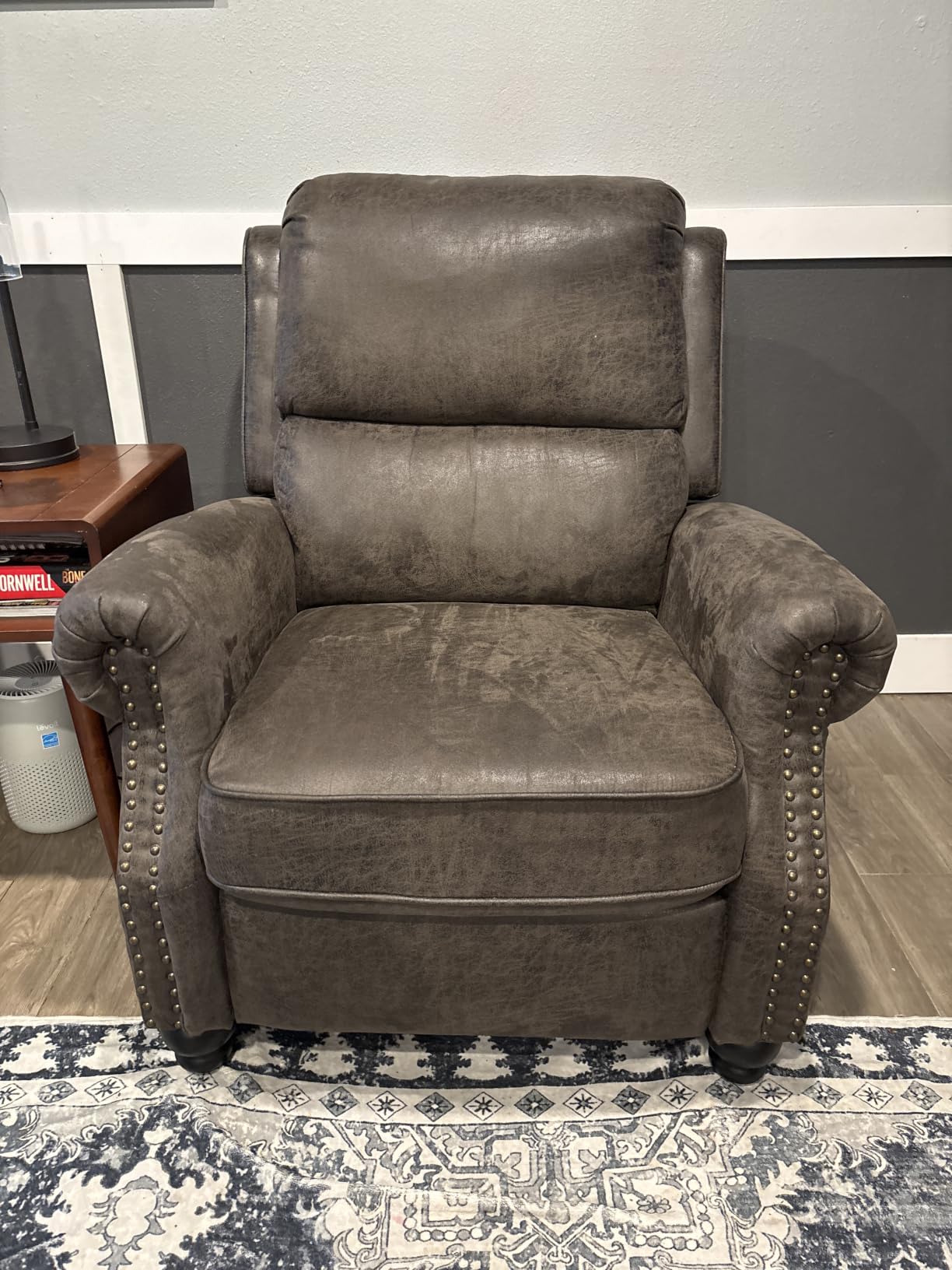 CANMOV Pushback Recliner Chair Faux Leather Armchair Push Back Recliner with Rivet Decoration Single Sofa Accent Chair for Living Room, Reddish Brown customer photo 2