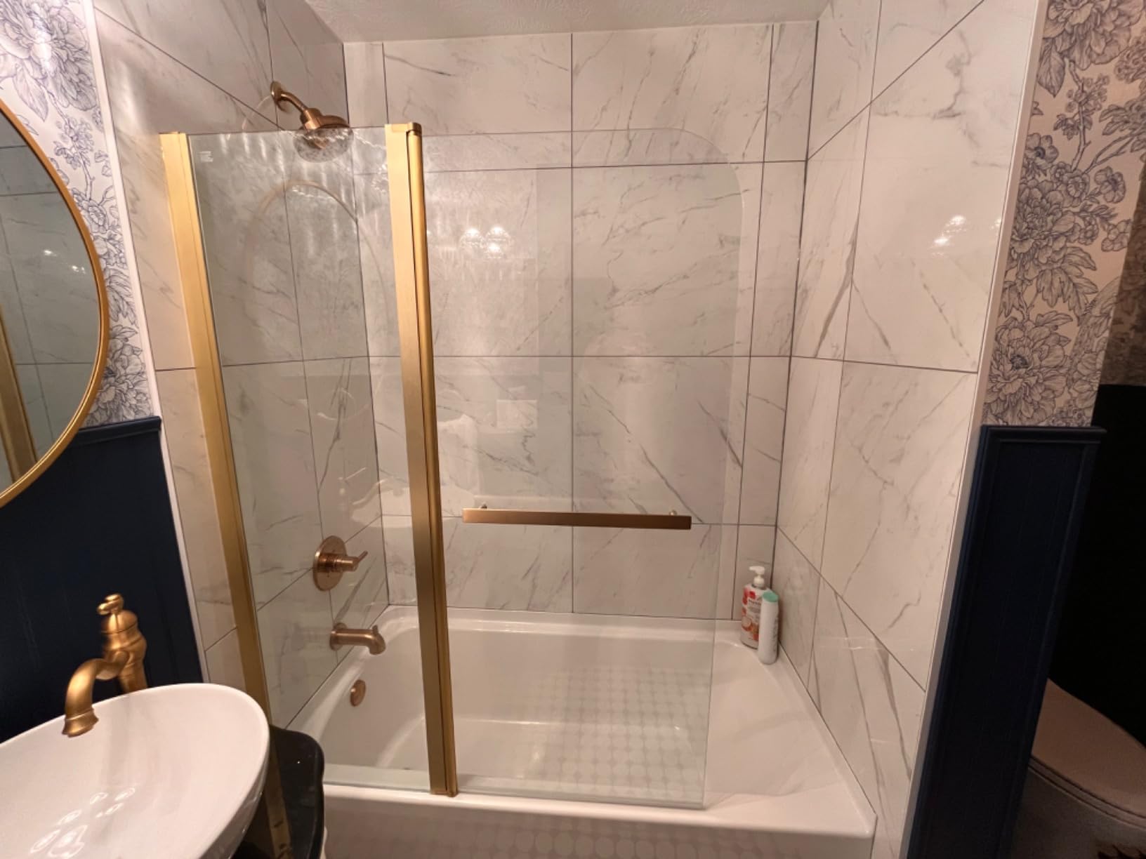 Sunrosa Frameless Pivot Glass Tub Shower Door, Chrome, 34 x 58 in | 1/4 in Tempered Glass, Nano Easy-Clean Glass, Towel Bar Handle, Reversible Installation customer photo 2