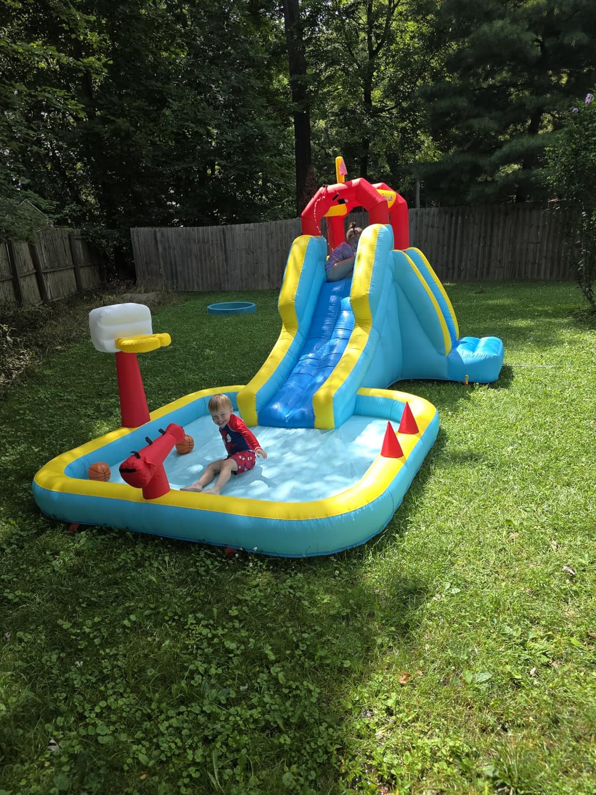 Inflatable Water Slide, Blow Up Water Slide with Climbing Wall, Water Slide for Kids Backyard with Basketball Hoop, Water Cannon and Splash Pool customer photo 1