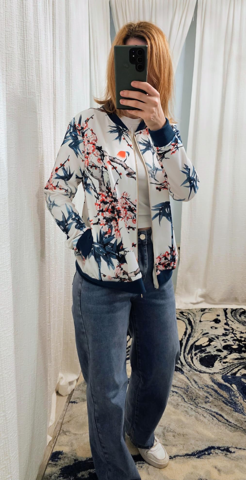 ECOWISH Women's Casual Floral Zip Up Bomber Jacket Lightweight Coat Short No Lining Quilted Outwear Tops Pocket Thin Outfit customer photo 1