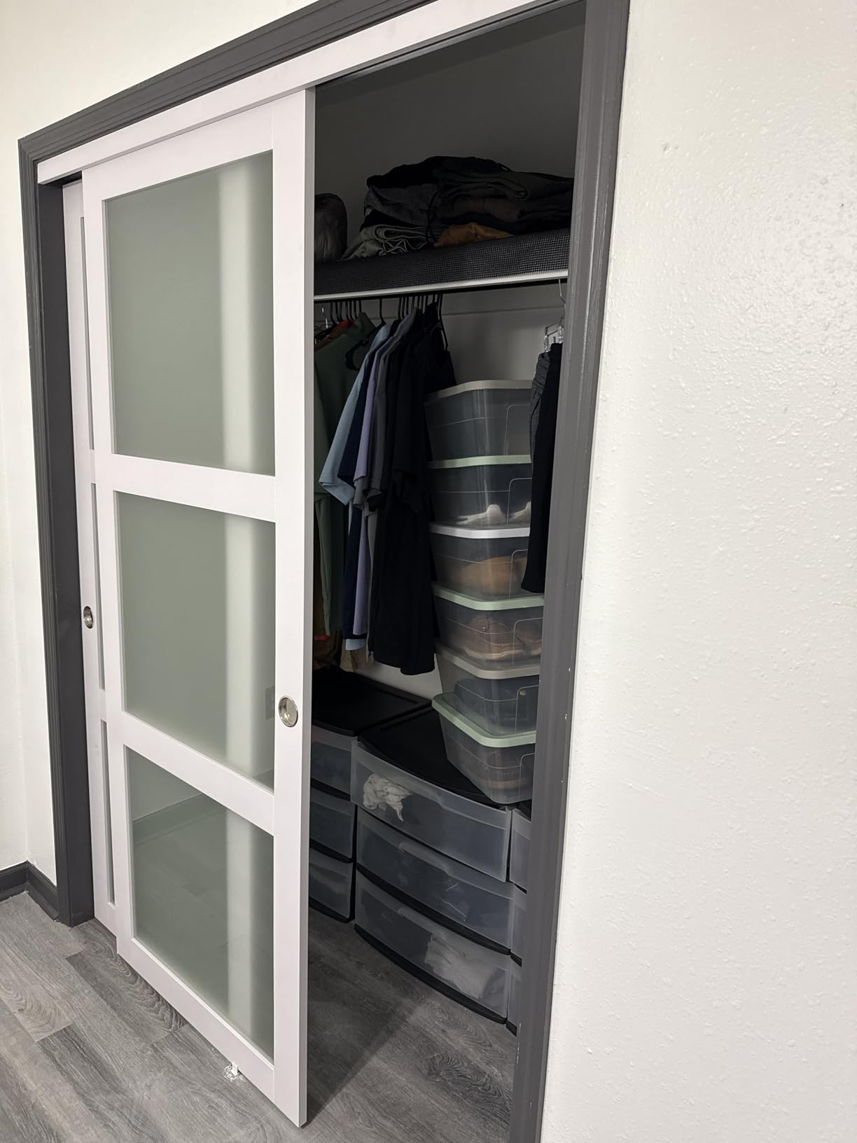 EaseLife 48x80 in (Double 25in) Sliding Closet Door for Bedroom, 3-Lite Frosted Glass Sliding Door with Hardware Track Kit & Floor Guide, Preassembled Door Panel, MDF White Pocket Doors customer photo 2