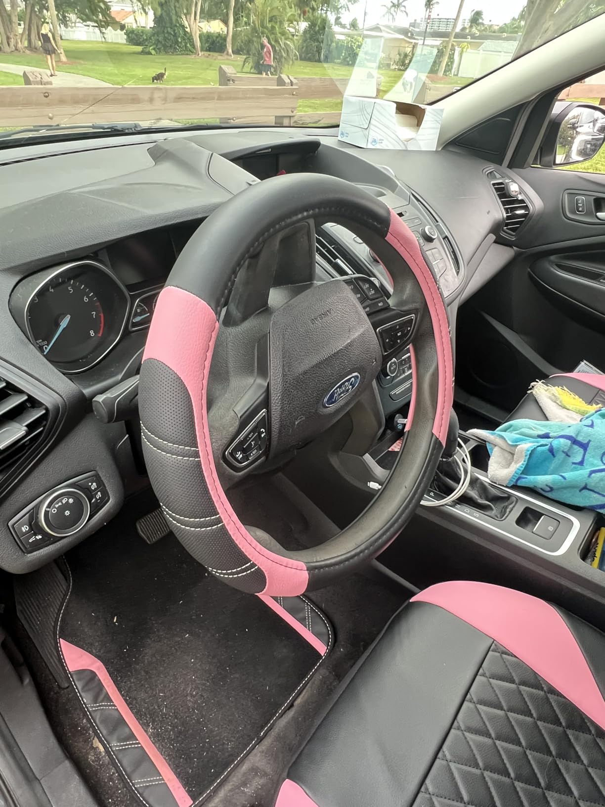 CAR PASS Air Mesh Leather Car Seat Covers Full Set, Waterproof Car Floor Mats, Sporty Steering Wheel Cover 14.5-15in, Universal Fits for 95% Cars Truck SUV (Black and Blue) customer photo 1