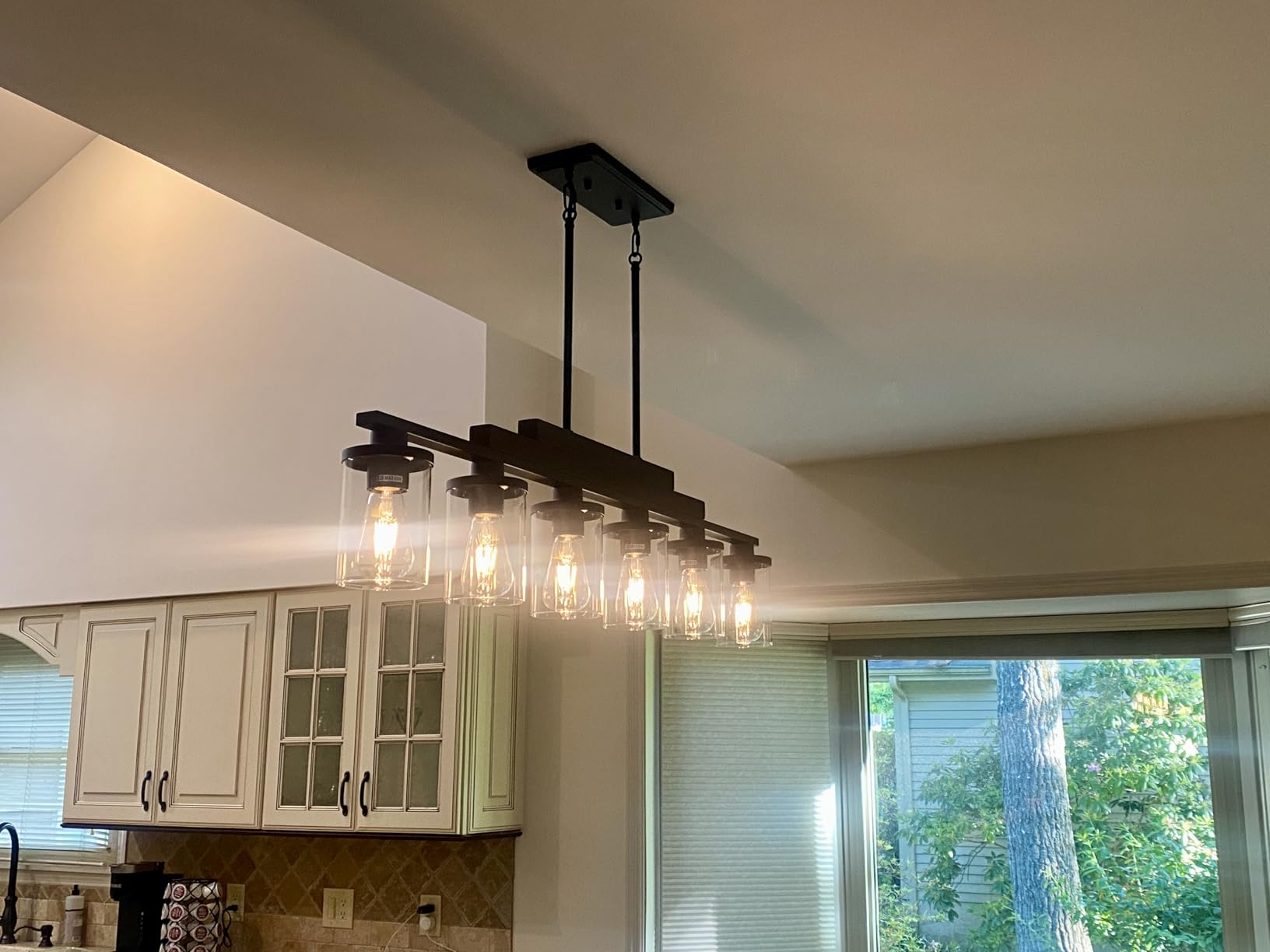 Wood Island Light for Kitchen/Restaurant,3-Light Farmhouse Dining Room Fixture/Chandelier Over Table/Bar,Matte Black Industrial Linear Pendant Lighting Fixtures Ceiling Hanging with Glass Shade-E26 customer photo 2