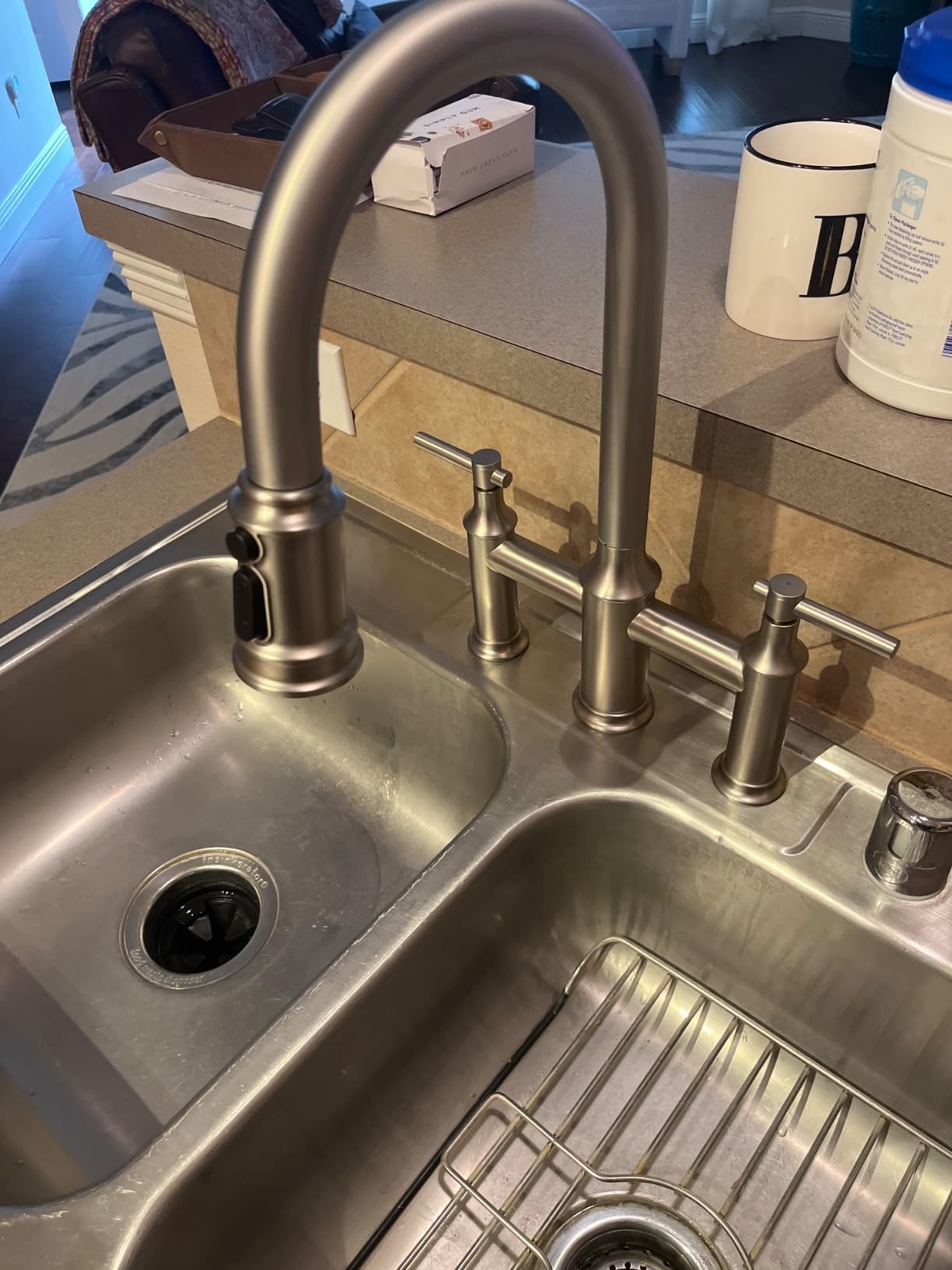Bridge Kitchen Faucet Brushed Gold: 3 Holes Brass Bridge Faucet with Pull Down Sprayer - Two Handles 8 Inch Centerset Kitchen Sink Faucet, 360° Swivel Spout customer photo 1