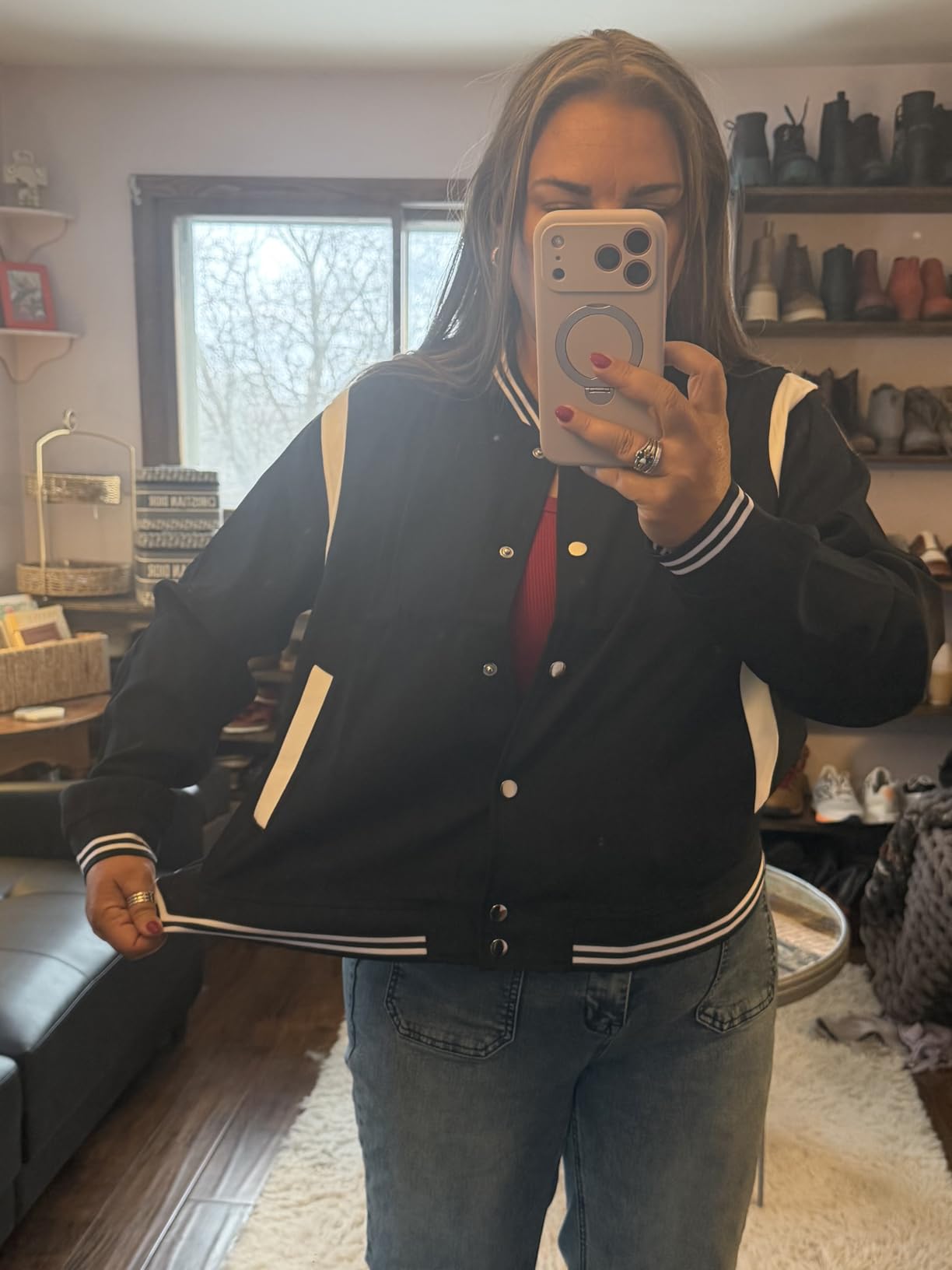 Zeagoo Bomber Jacket Women Varsity Casual Button Down Outfits with Pockets customer photo 1